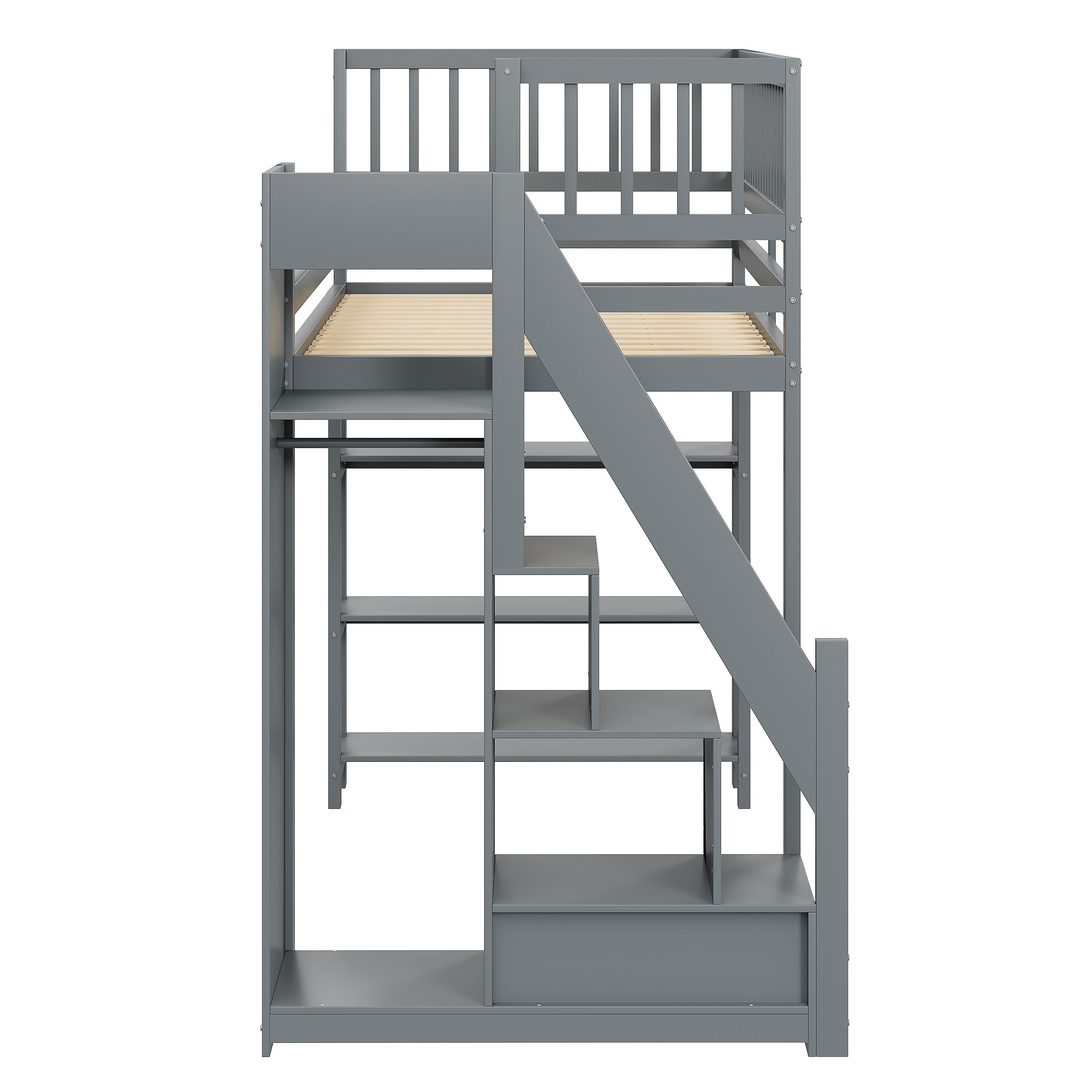 Loft Bed, 90x200 Multifunctional with Wardrobe & Storage, Grey Wooden