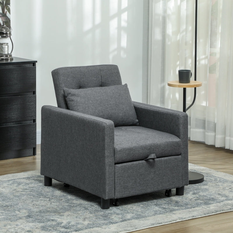 3-In-1 Chair Bed, Convertible Sleeper with Adjustable Backrest, Pillow and Footrest, Dark Grey