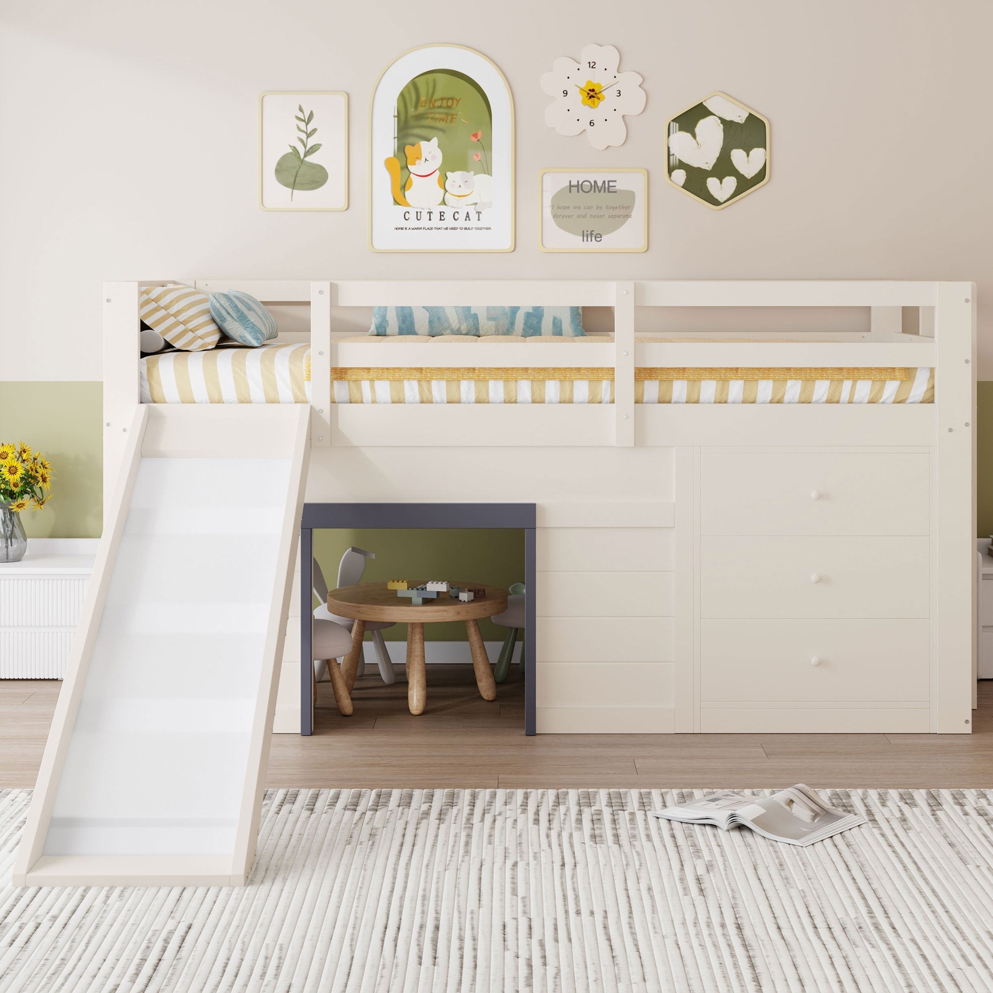 Loft Bed, 90 x 200 with Slide, 3 Drawers & 2 Doors, Cream
