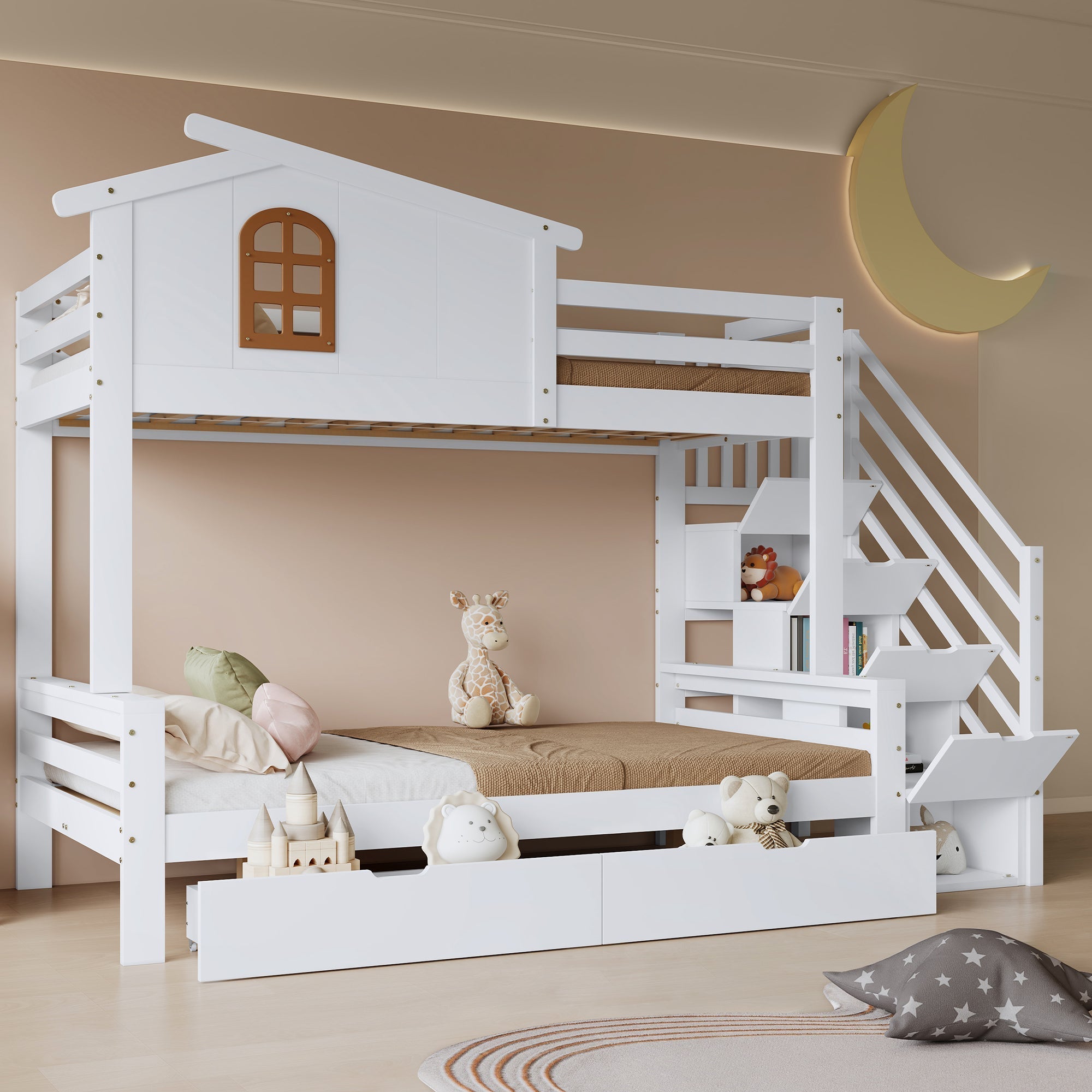 Bunk Bed, Two Drawers, Corner Ladder, Pine + MDF + Plywood, White + Natural