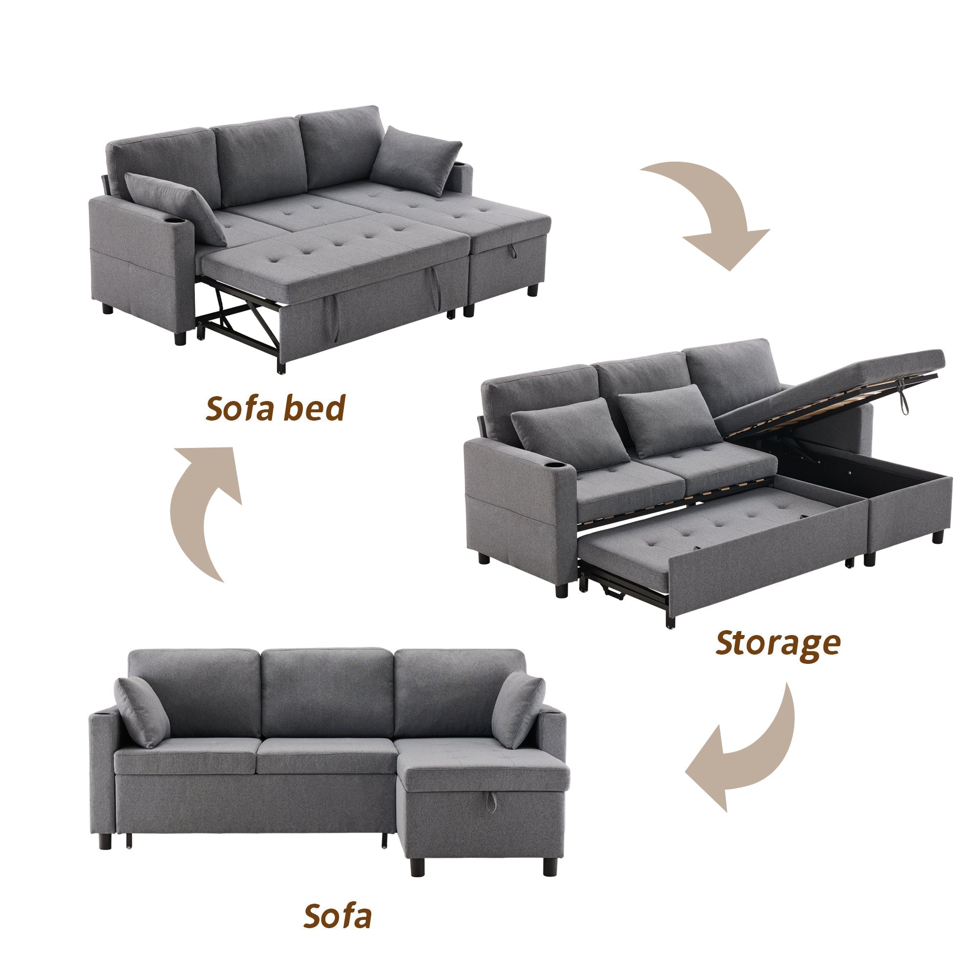 Sofa Bed L-Shaped Pull Out Sofa with Storage, Grey