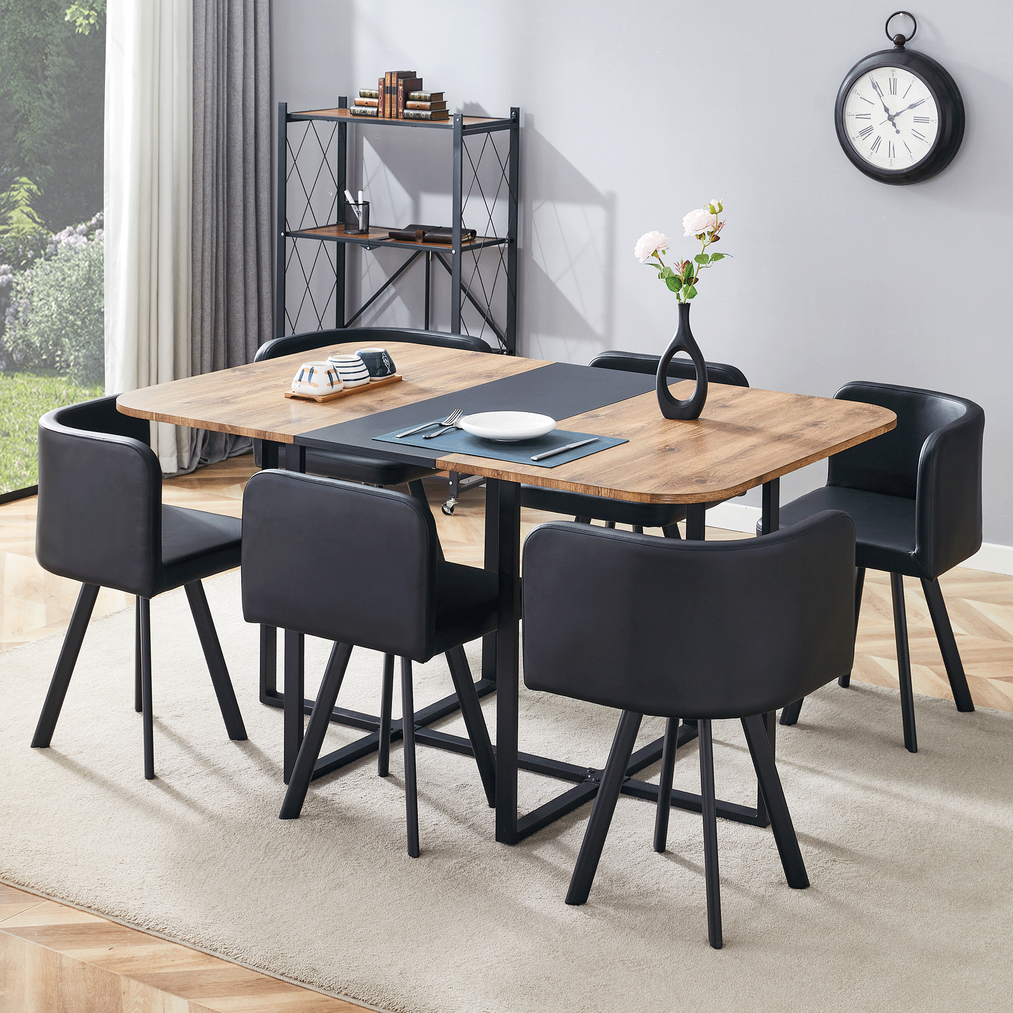 Dining Table Set Extendable Stowable Chairs 4-6 Person Wood Grain Black Metal