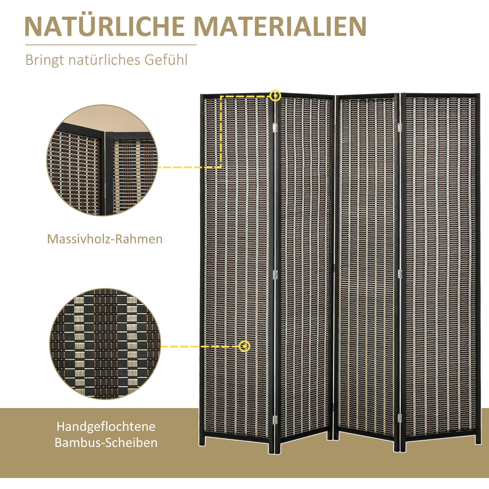 Folding Screen 4-Part, 180 x 180 cm Room Divider, Brown Bamboo
