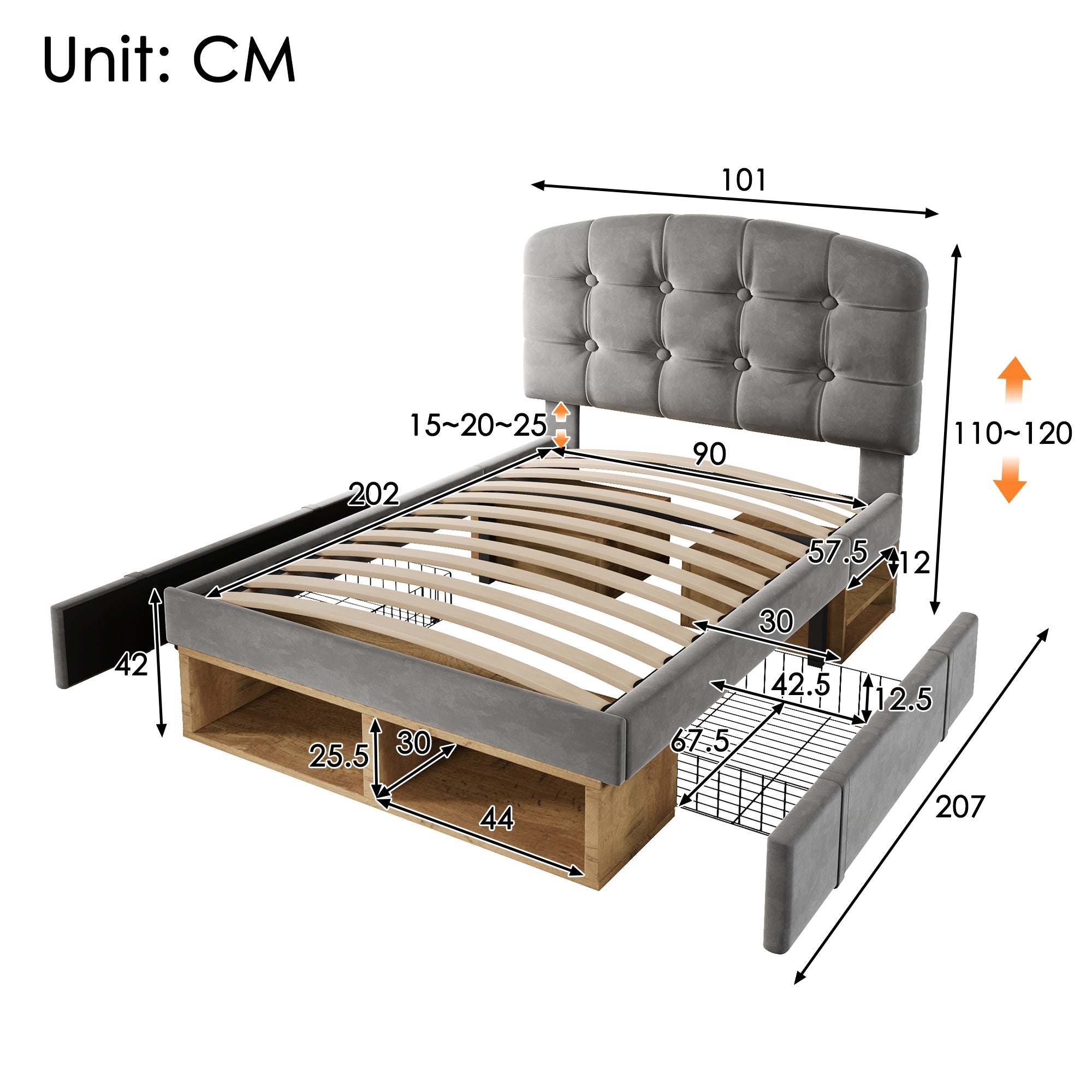 Upholstered Single Bed with Adjustable Headboard, Drawers and Storage, 90x200cm, Grey Velvet