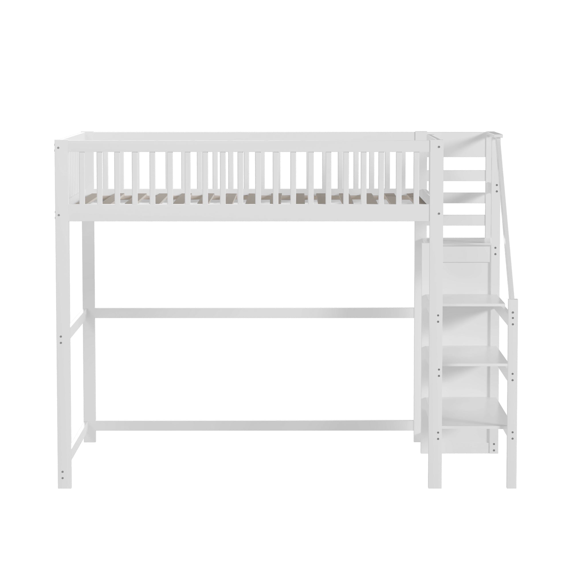Loft Bed, 140x200 with Stairs, Storage, Wardrobe, White Wood