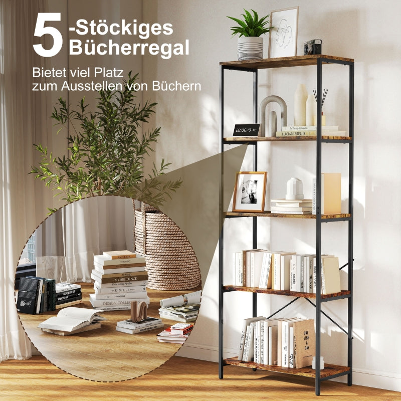 Bookshelf 5-Tier Metal Shelf Melamine Brown