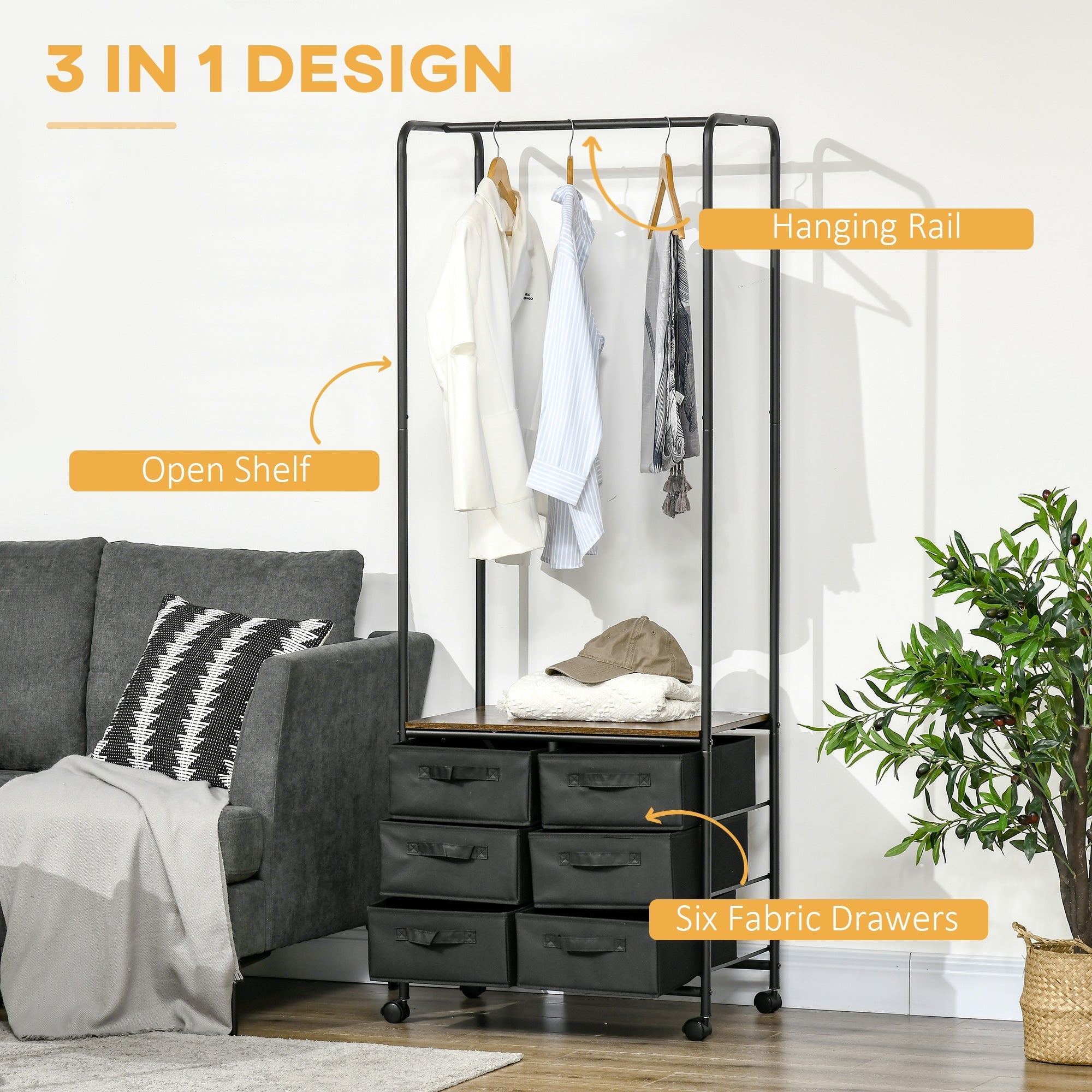 Industrial Clothes Rail with 6 Fabric Drawers Open Wardrobe, Rustic Brown