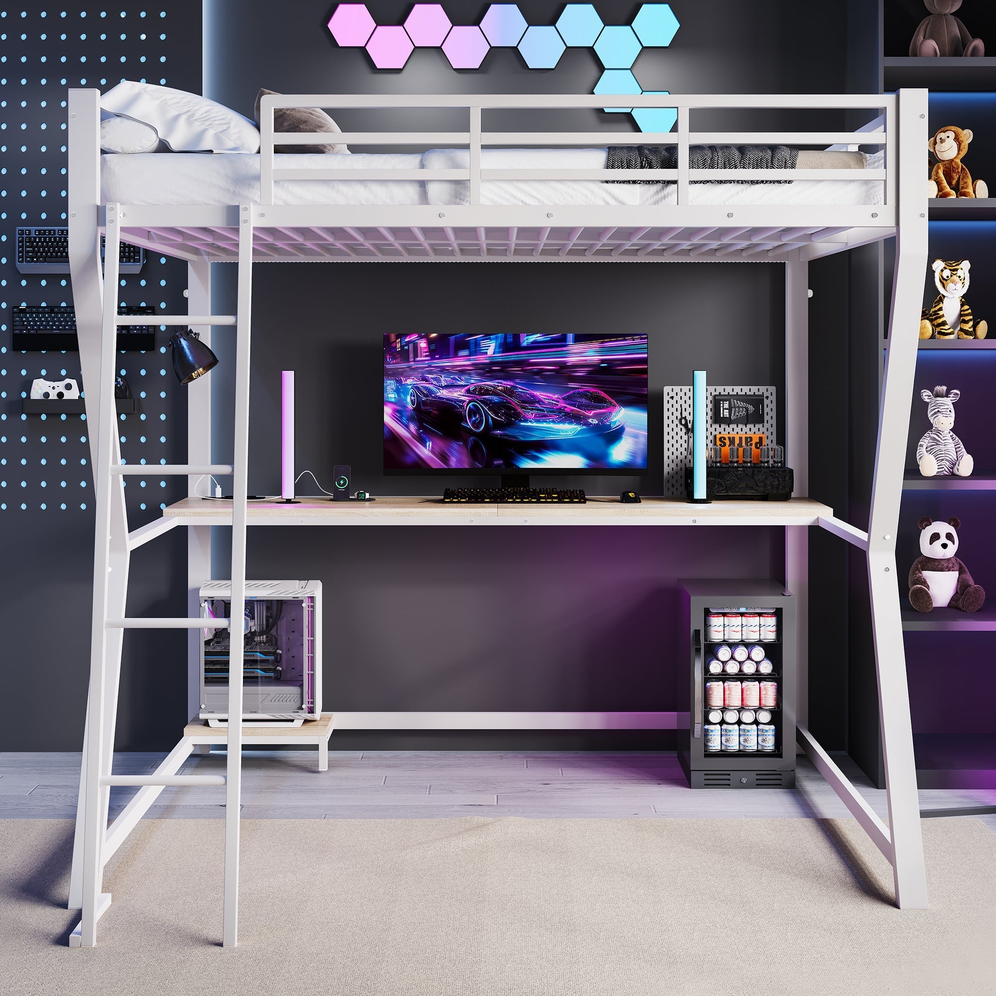Loft Bed 140x200cm with LED Lights Desk USB/Power Outlet Stairs Storage Shelf White