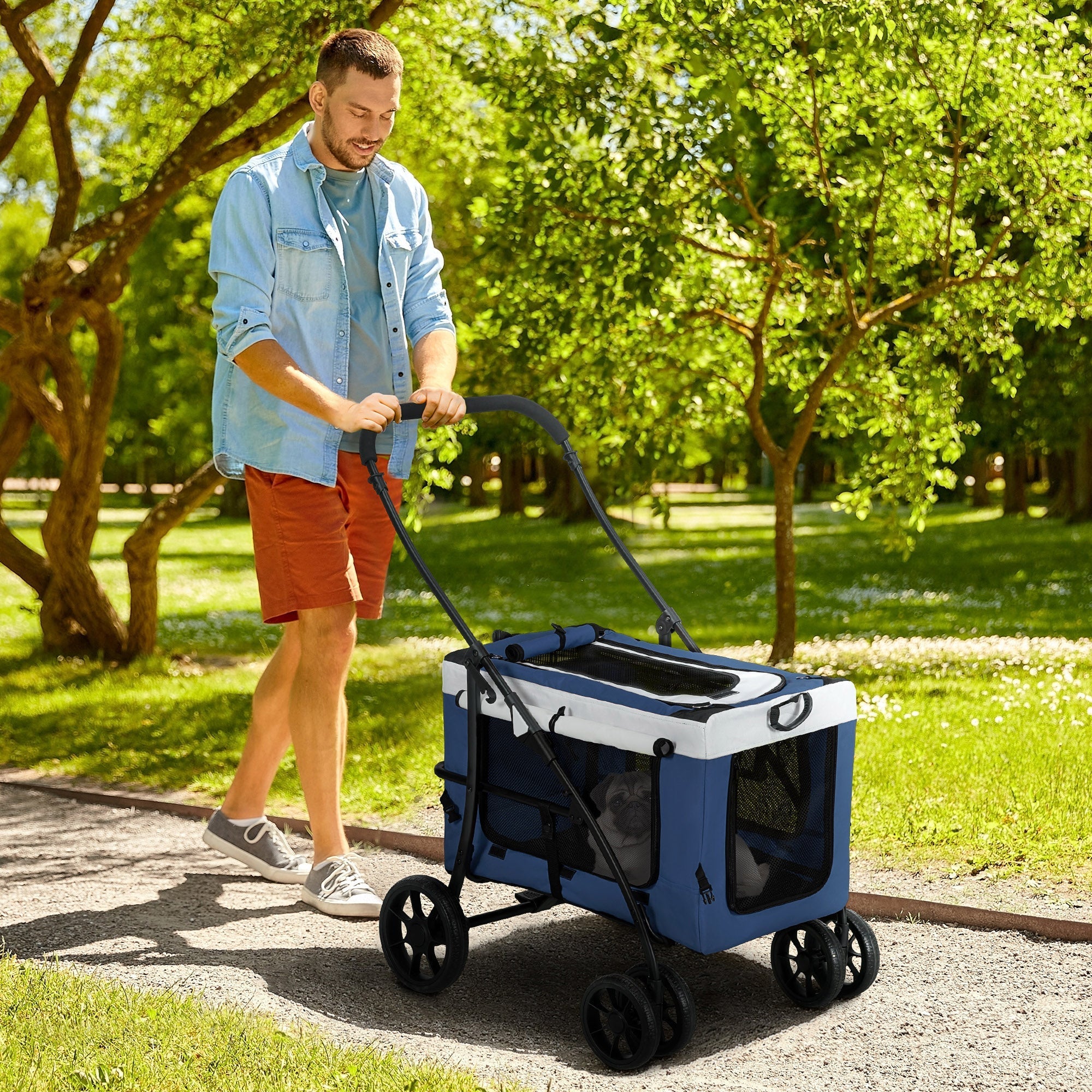 2-in-1 Dog Stroller, Foldable with Removable Basket, Blue