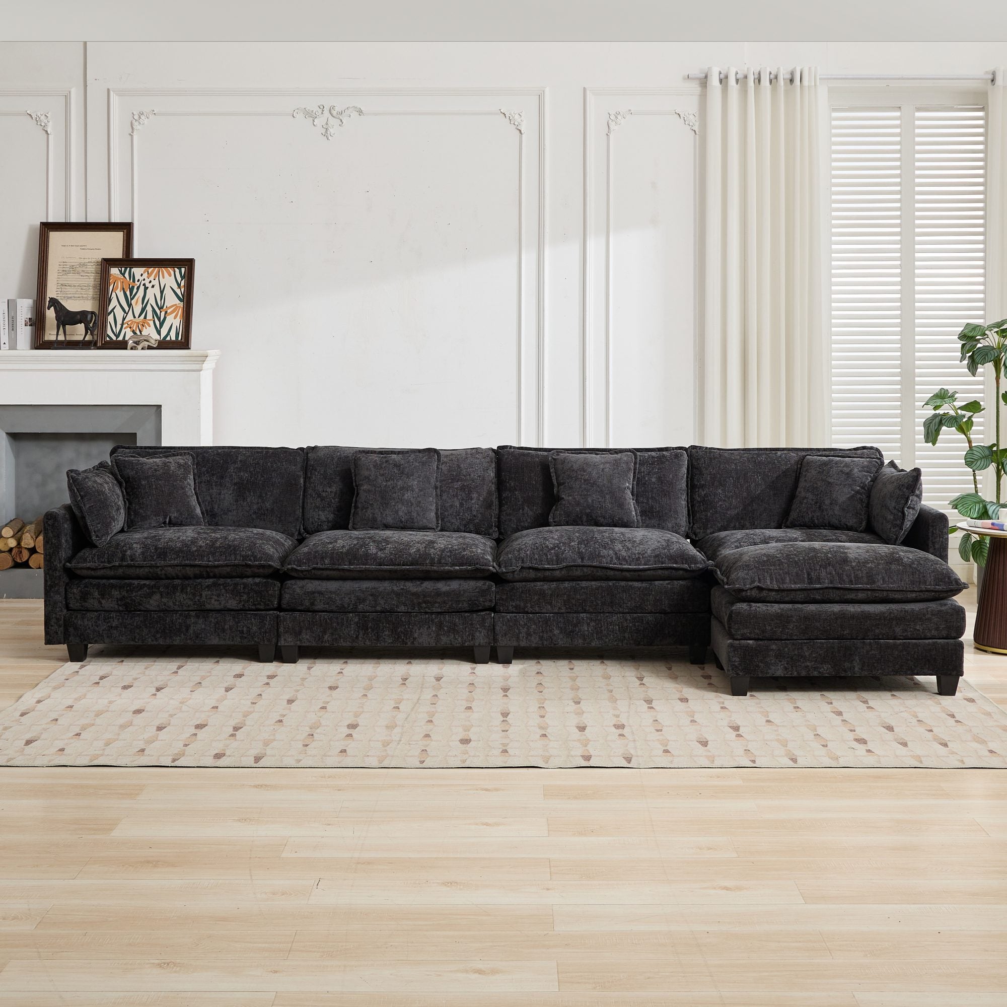 Cloud Sofa 4 Seats, Modern Sectional Couch with Double Layer Cushions, Black Chenille Fabric