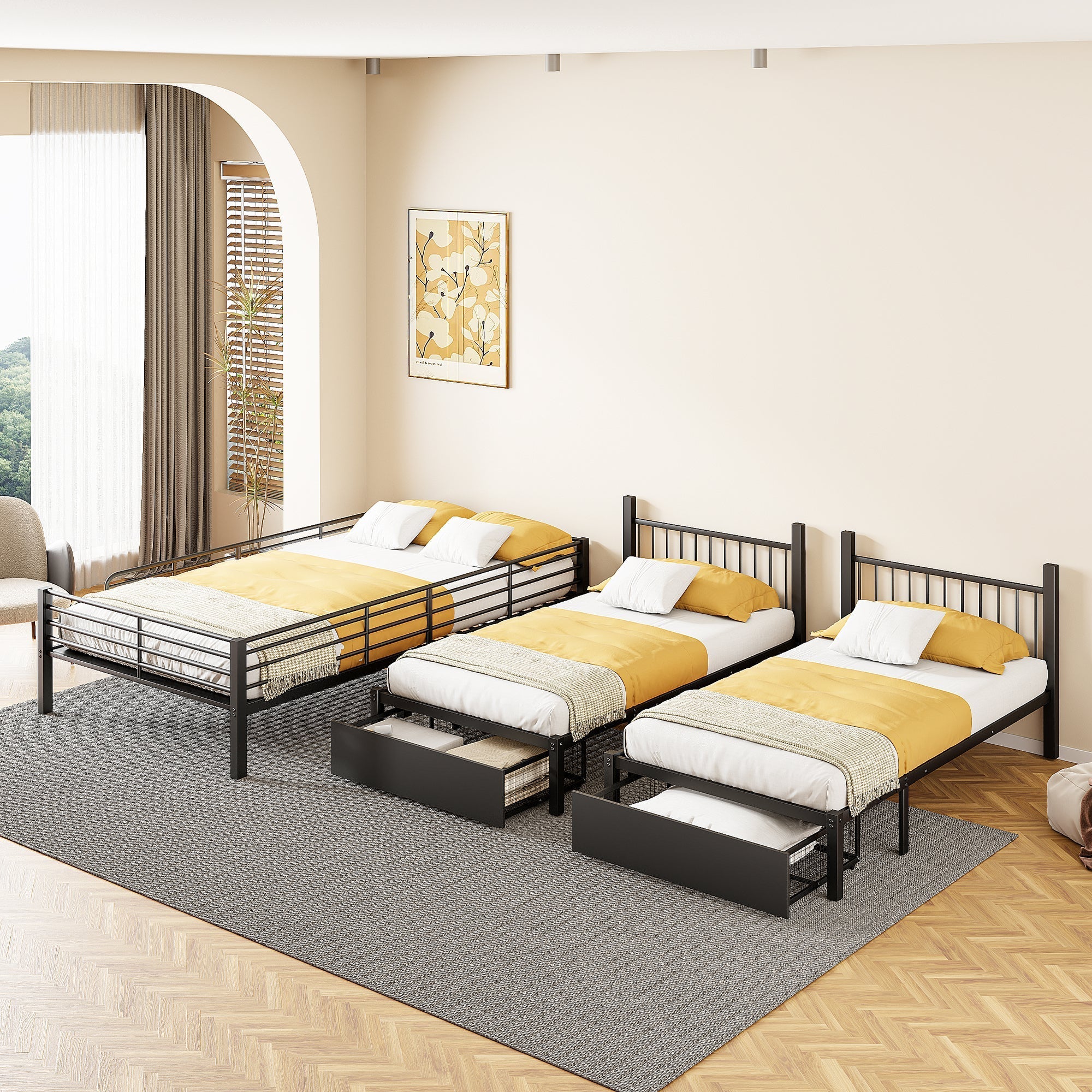 Triple Bunk Bed, Drawers, Convertible to Double & Two Single Beds, Metal, Black