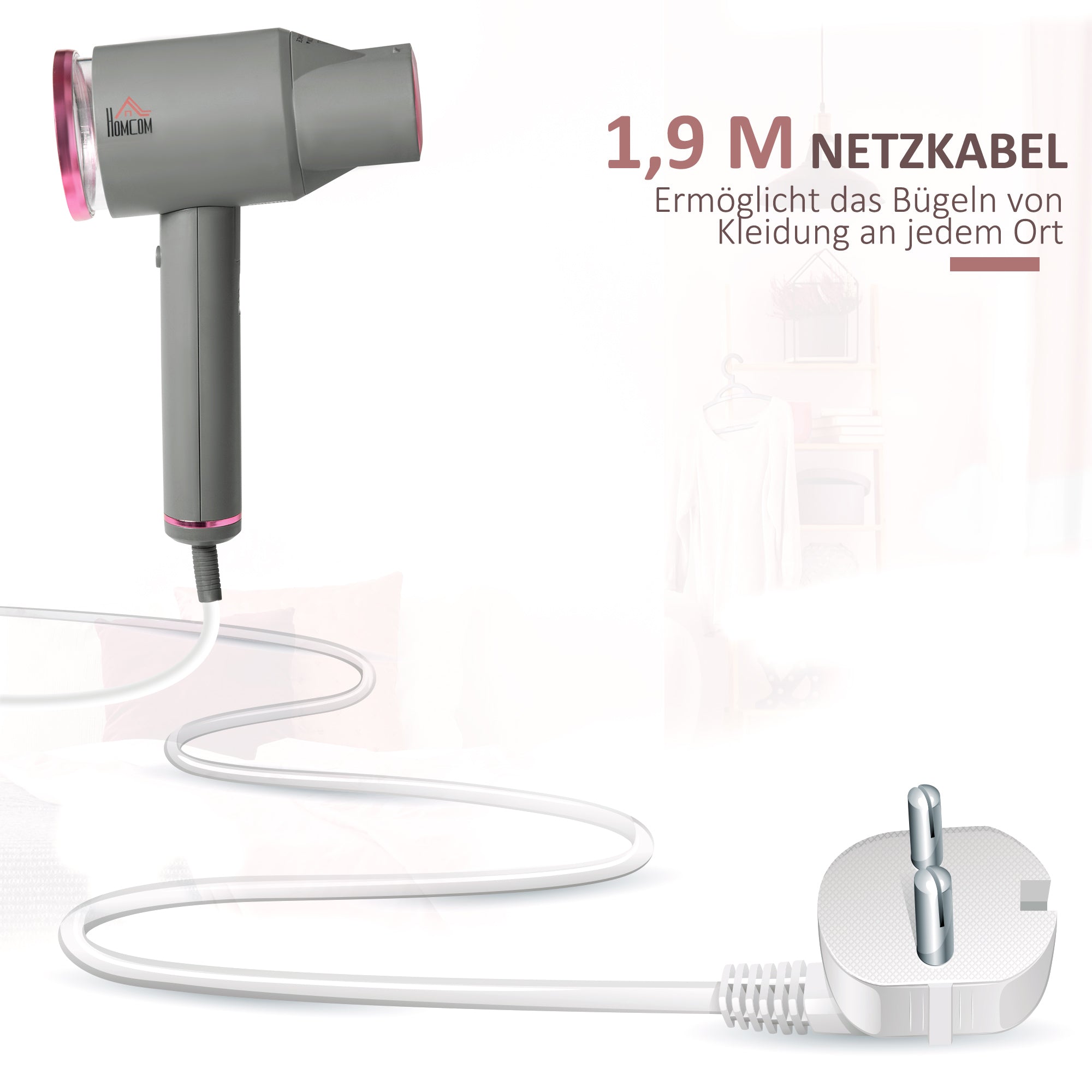 Steamer Steam Brush, Foldable 1520W, Grey Pink
