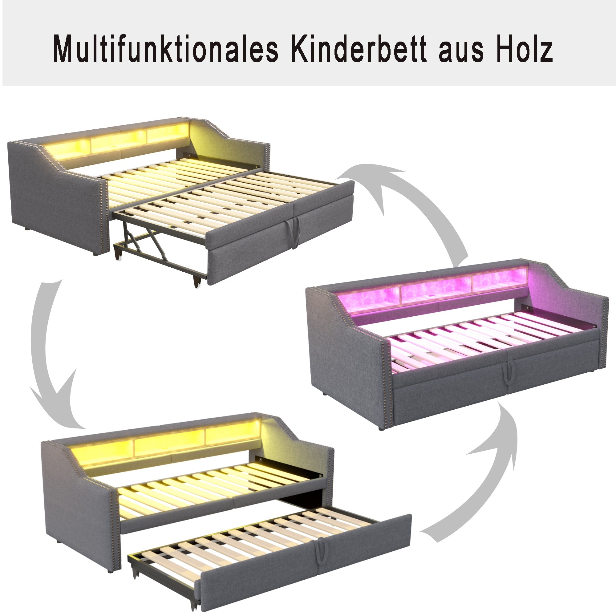 Upholstered Bed, Pull-Out Sofa Bed with Storage, LED Light, USB Port, Slatted Frame, Dark Grey