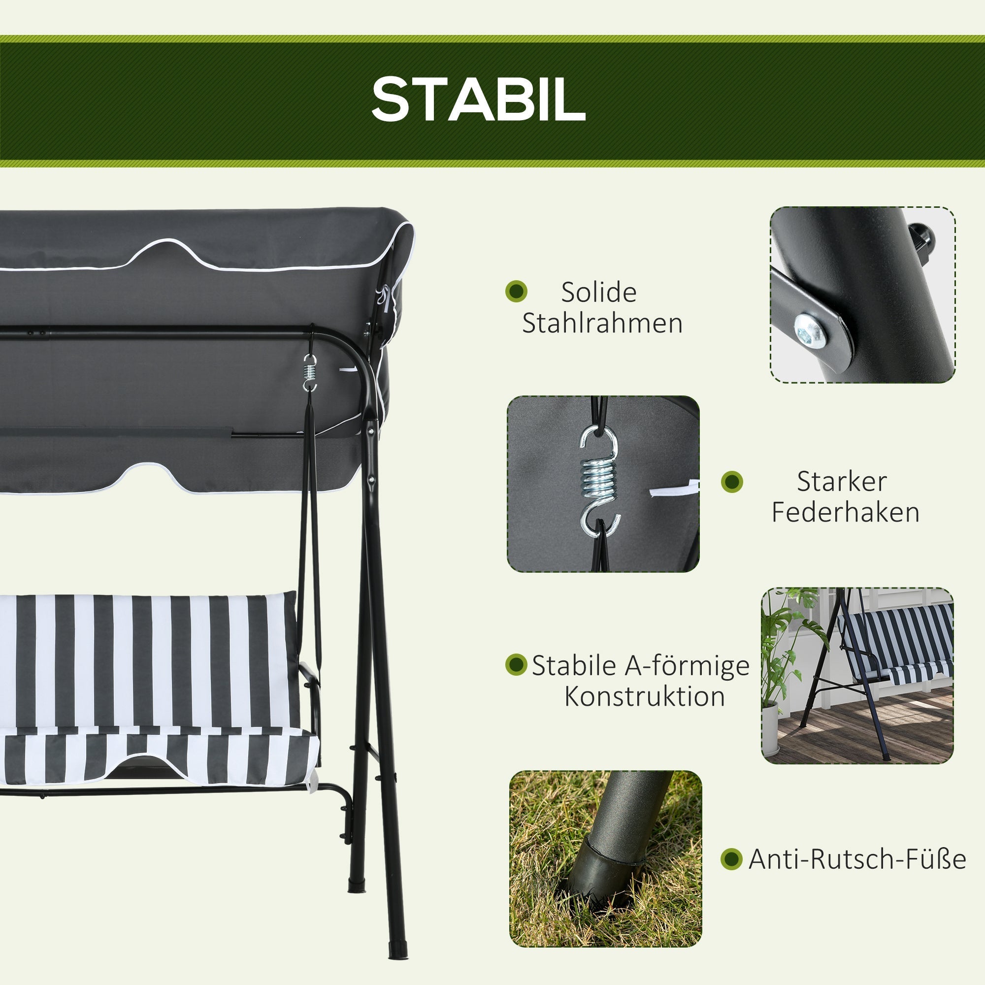 Outsuuny 3-Seater Garden Swing with Adjustable Sunshade, 240 kg Load Capacity, Grey/White