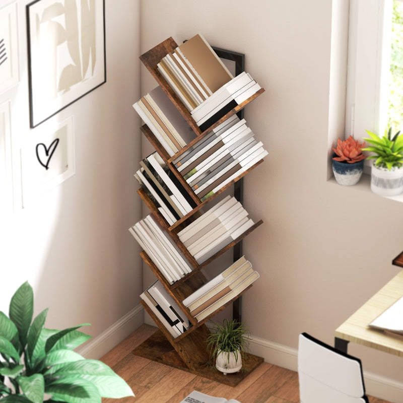 Bookshelf Standing Shelf 9 Levels Tree Shape, Rustic Brown