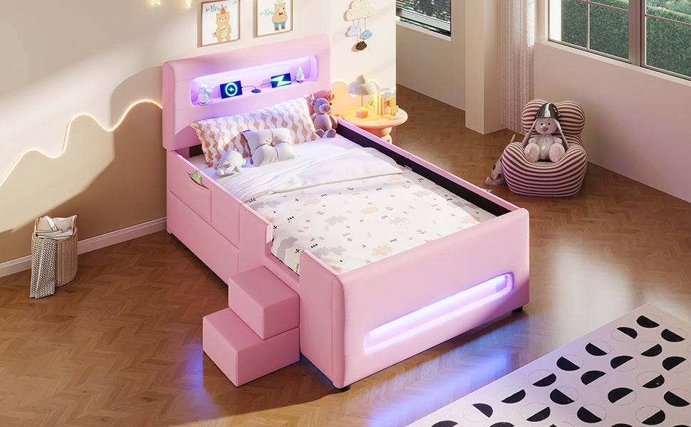 Upholstered Platform Bed 90x200cm Stairs Drawers LED USB Storage Pockets - Pink