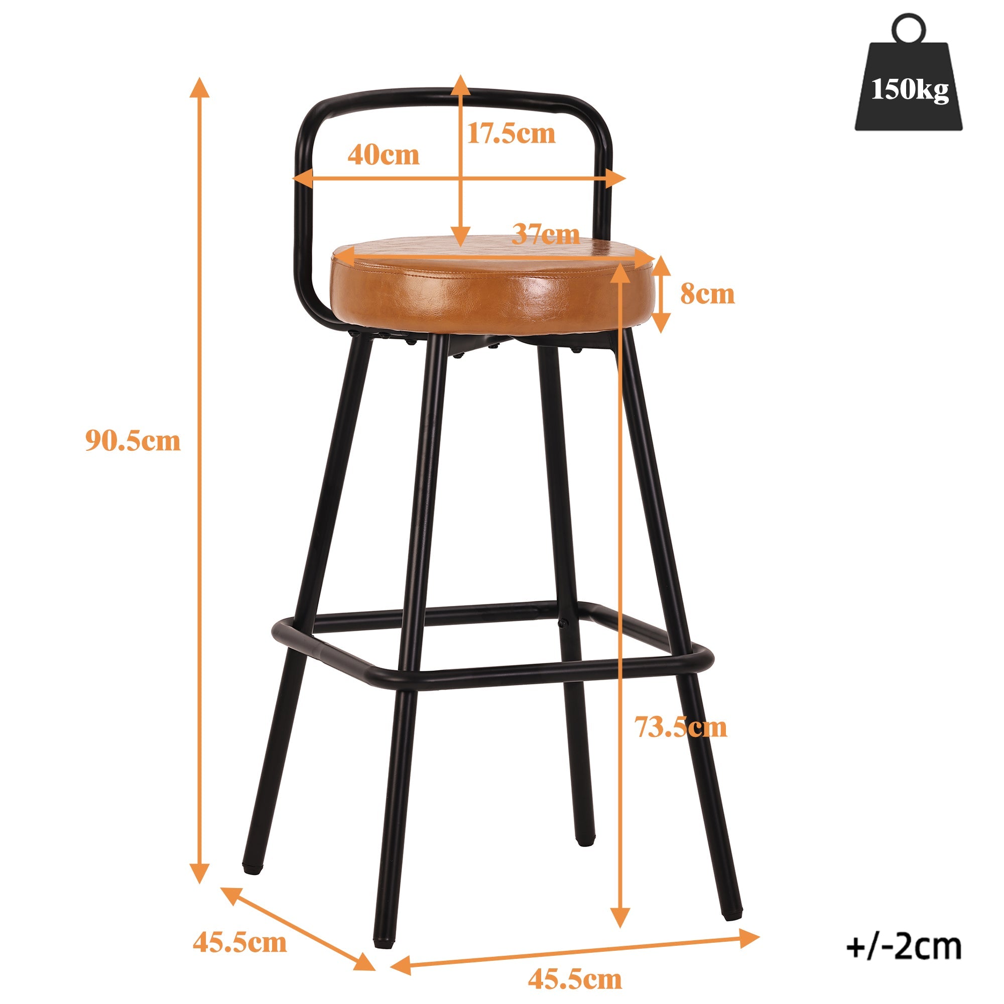Modern Bar Stools Set of 2 with Ergonomic Backrest and Footrest, PU Leather and Iron, Brown