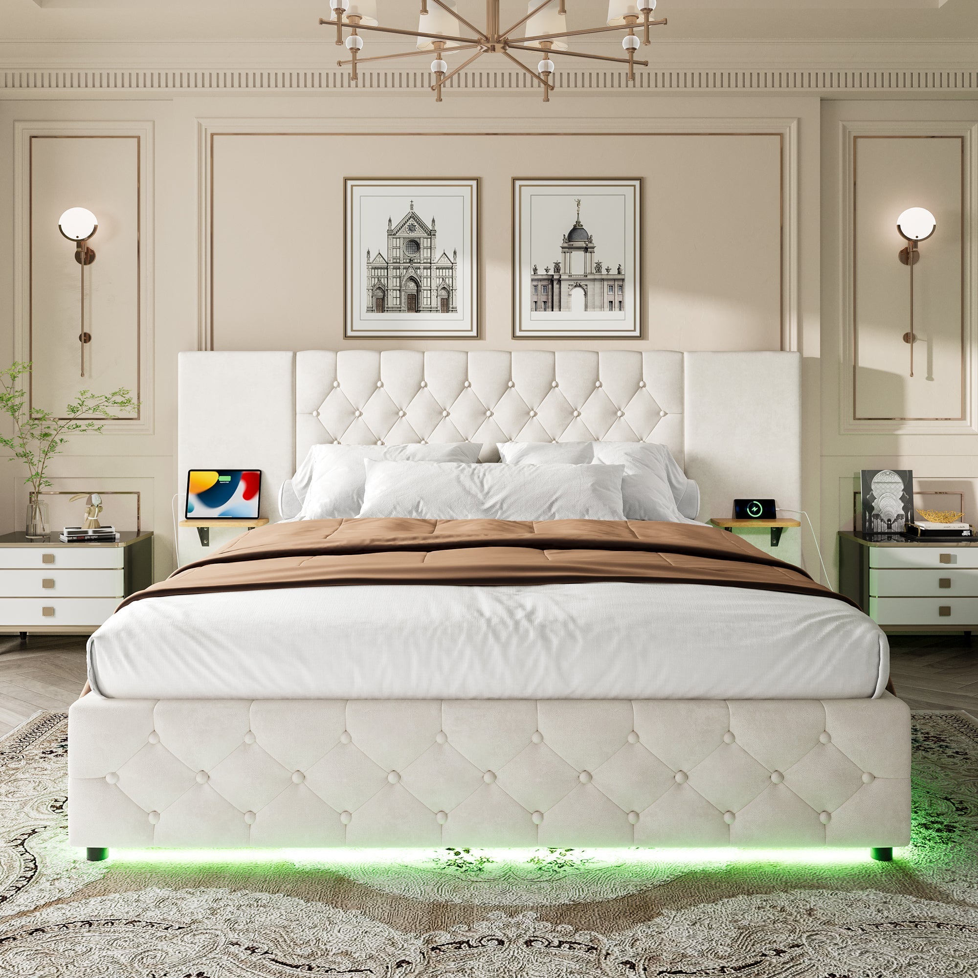 Modern 150*200cm Bed Frame with LED, USB-C Ports, Hydraulic Lift Storage, Beige