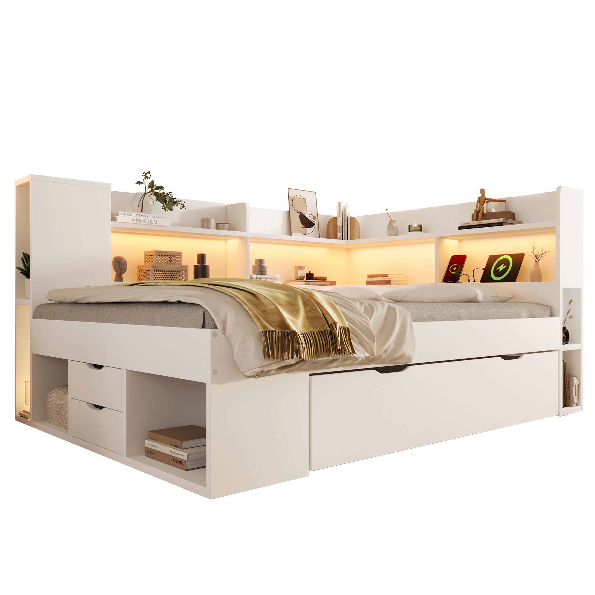 Daybed with LED, Charging Station and Storage, 90x200cm, White Wood-based Material