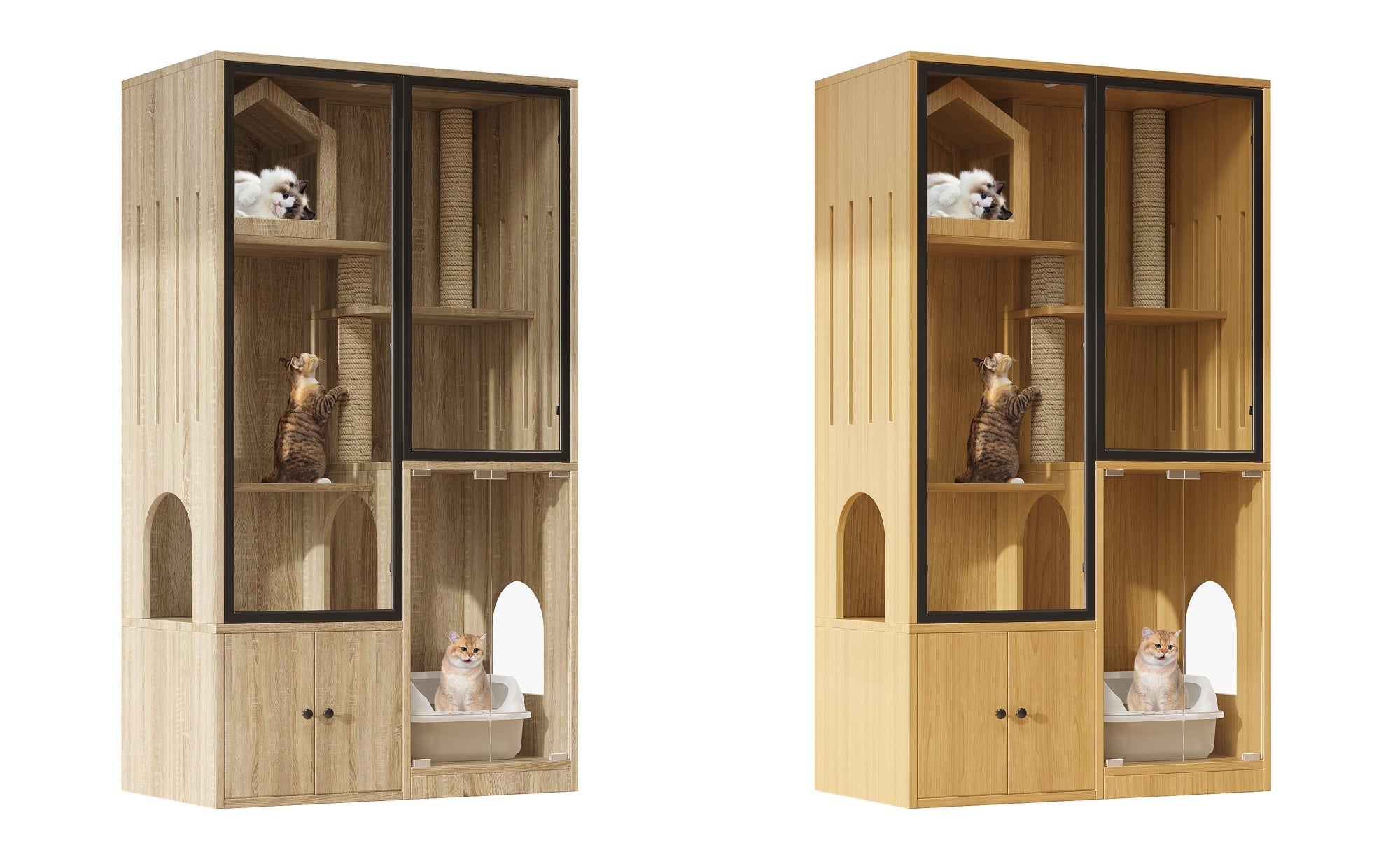 Cat House 4-Story Glass 90x50x160cm with Scratching Post - Yellow Maple Wood