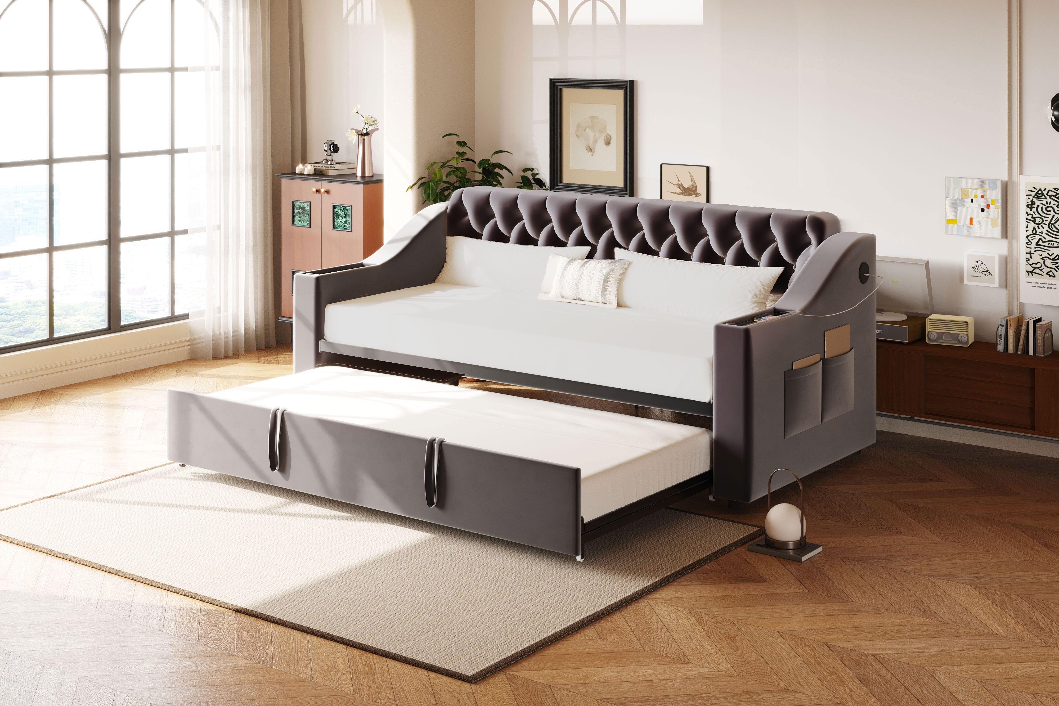 Upholstered Sofa Bed, Extendable 90/180x190cm USB Storage Slatted Base, Dark Grey Velvet