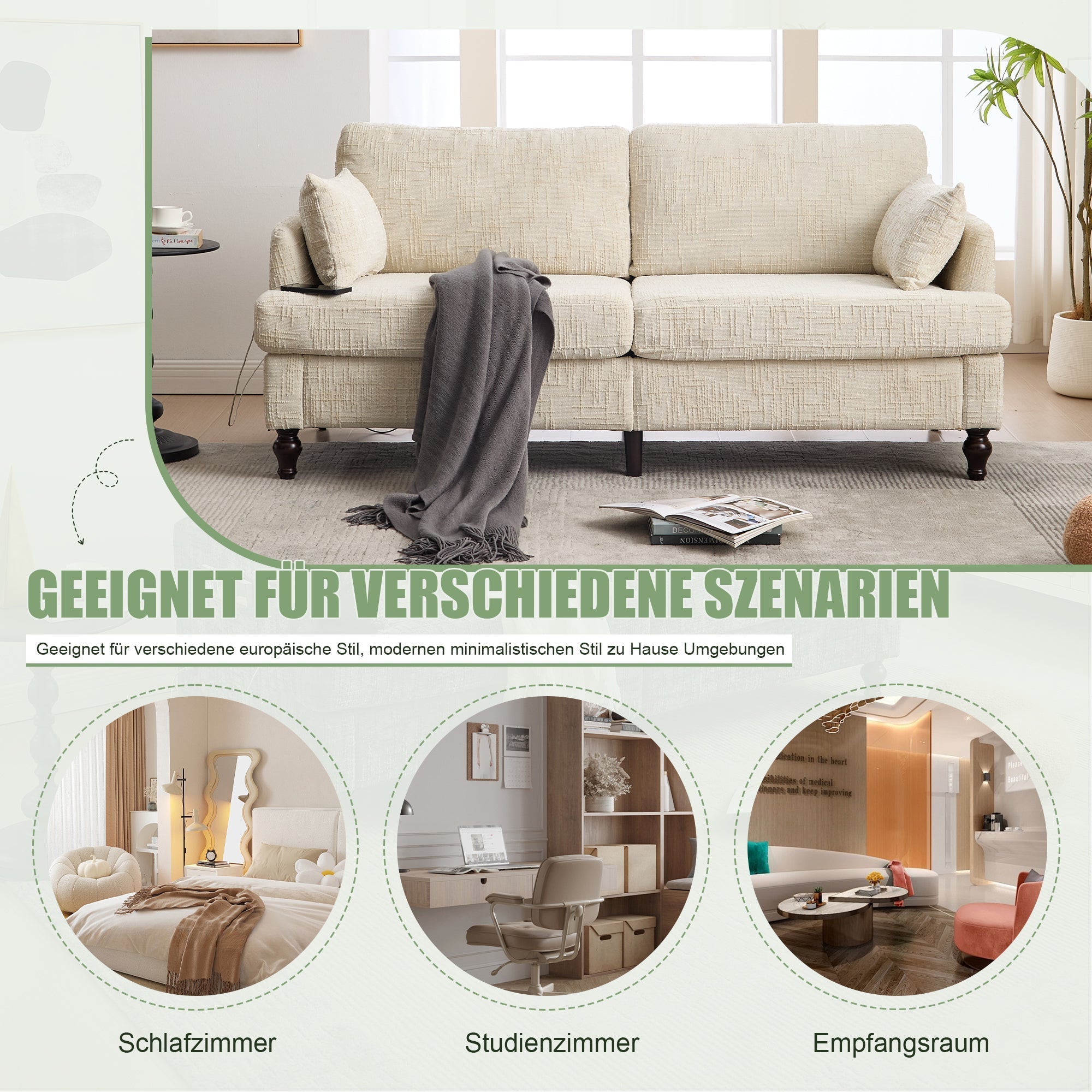Sofa, 2-Seater with LED Light, USB & Storage, Chenille