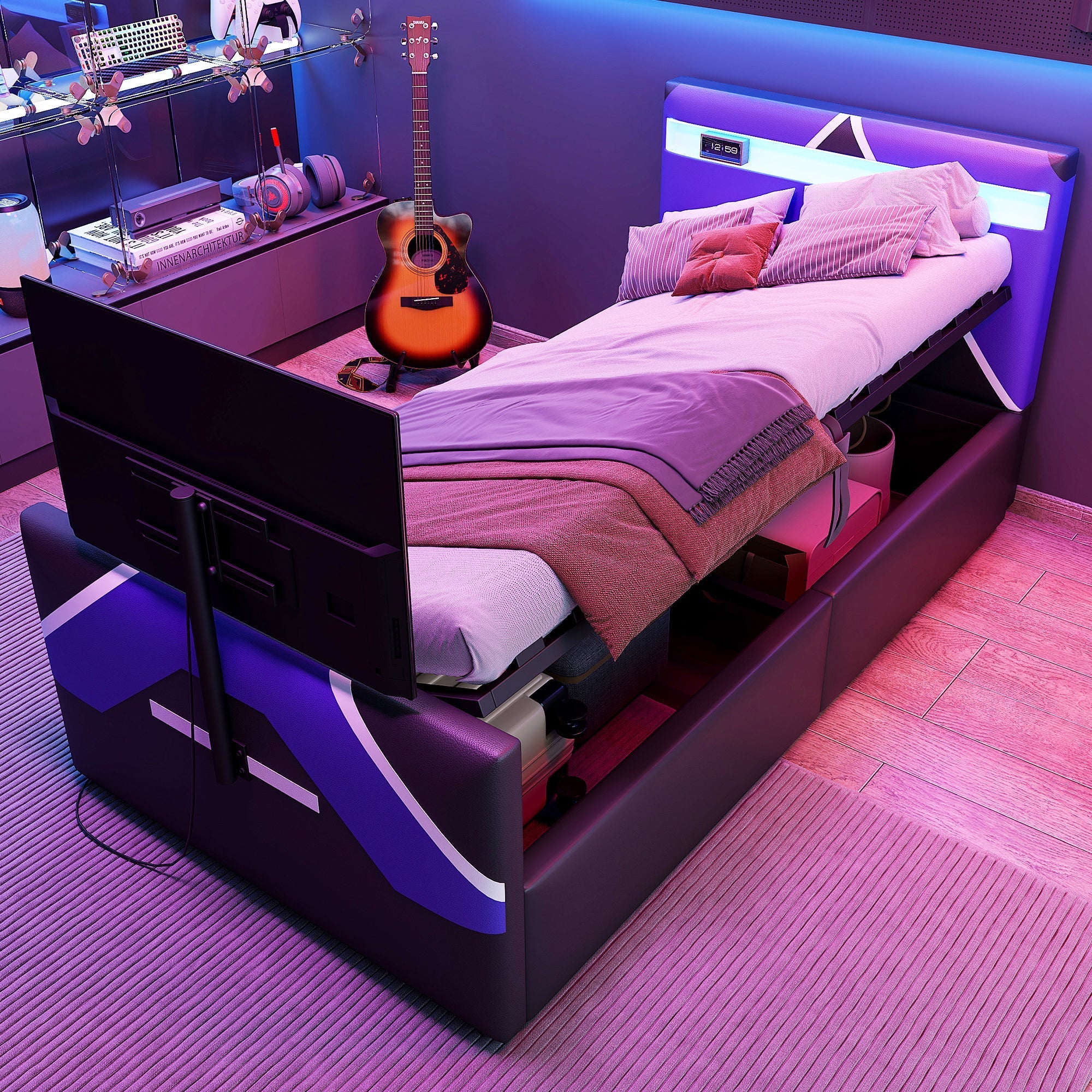 Multifunctional Gaming Bed with LED Lighting, Storage and TV Mount, PU Leather