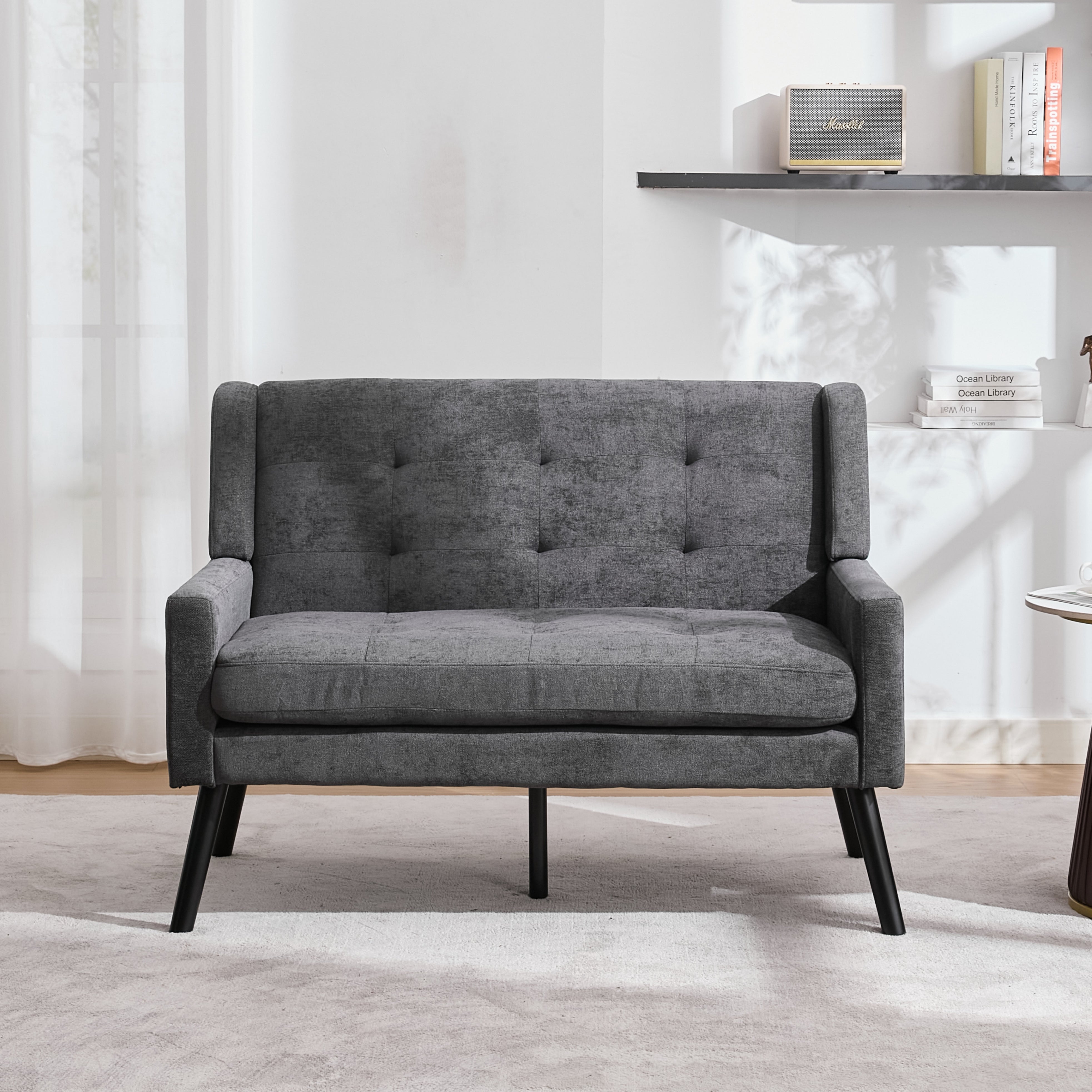 2-Seater Linen Bench with Solid Wood Legs and Button-Tufted Cushion, Natural Linen