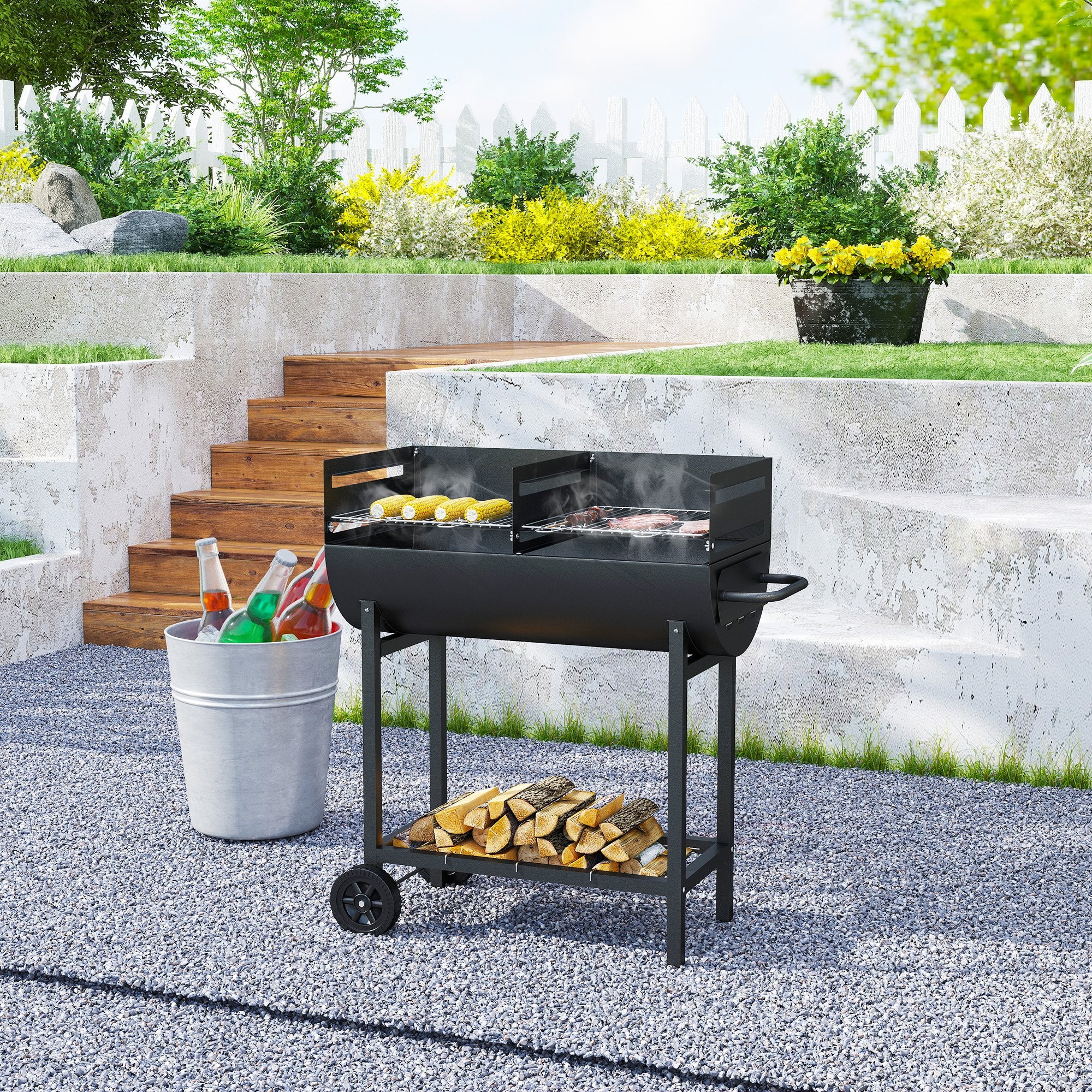 Steel Charcoal BBQ 2-Grill with Wheels, Black