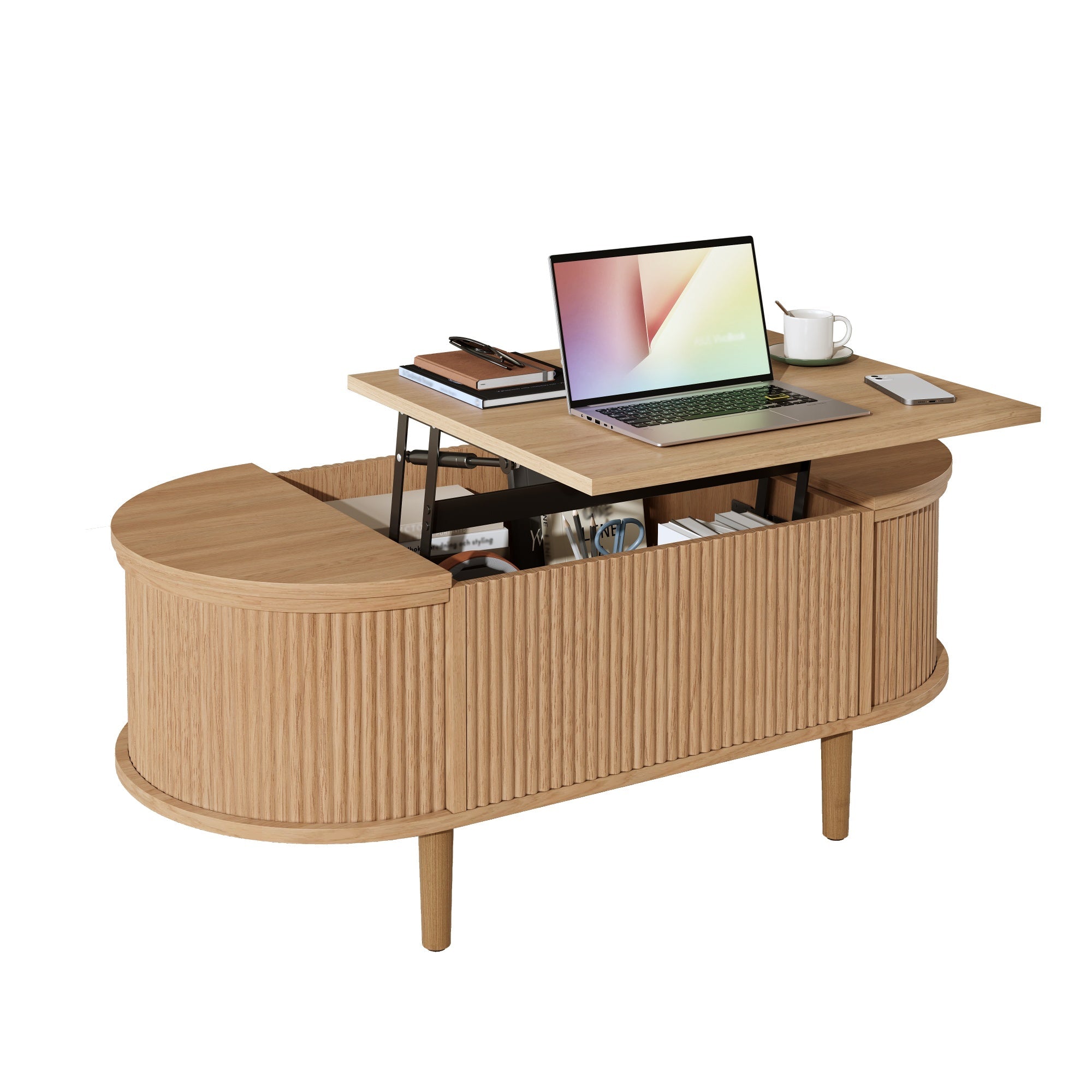 Oval Adjustable Coffee Table with Storage and Multifunctional Design, Vintage Style, Solid Wood Legs