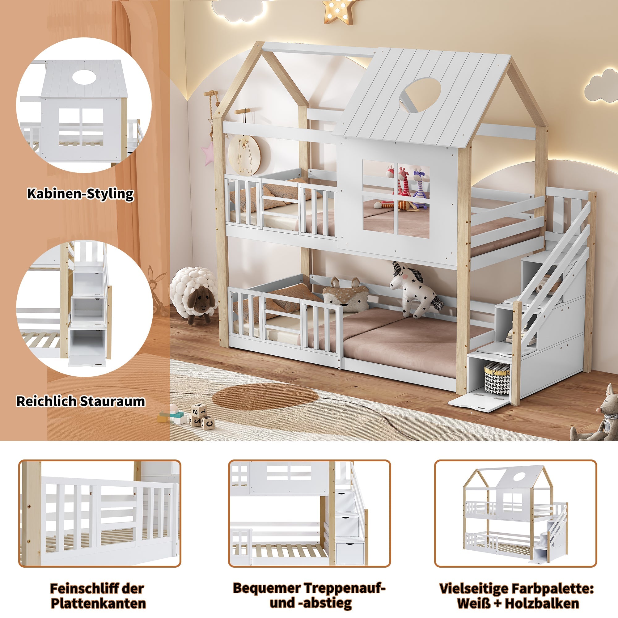 Bunk Bed House Bed with Storage Stairs, Safety Rail, Window, 90x200cm - Pine+MDF, White+Natural