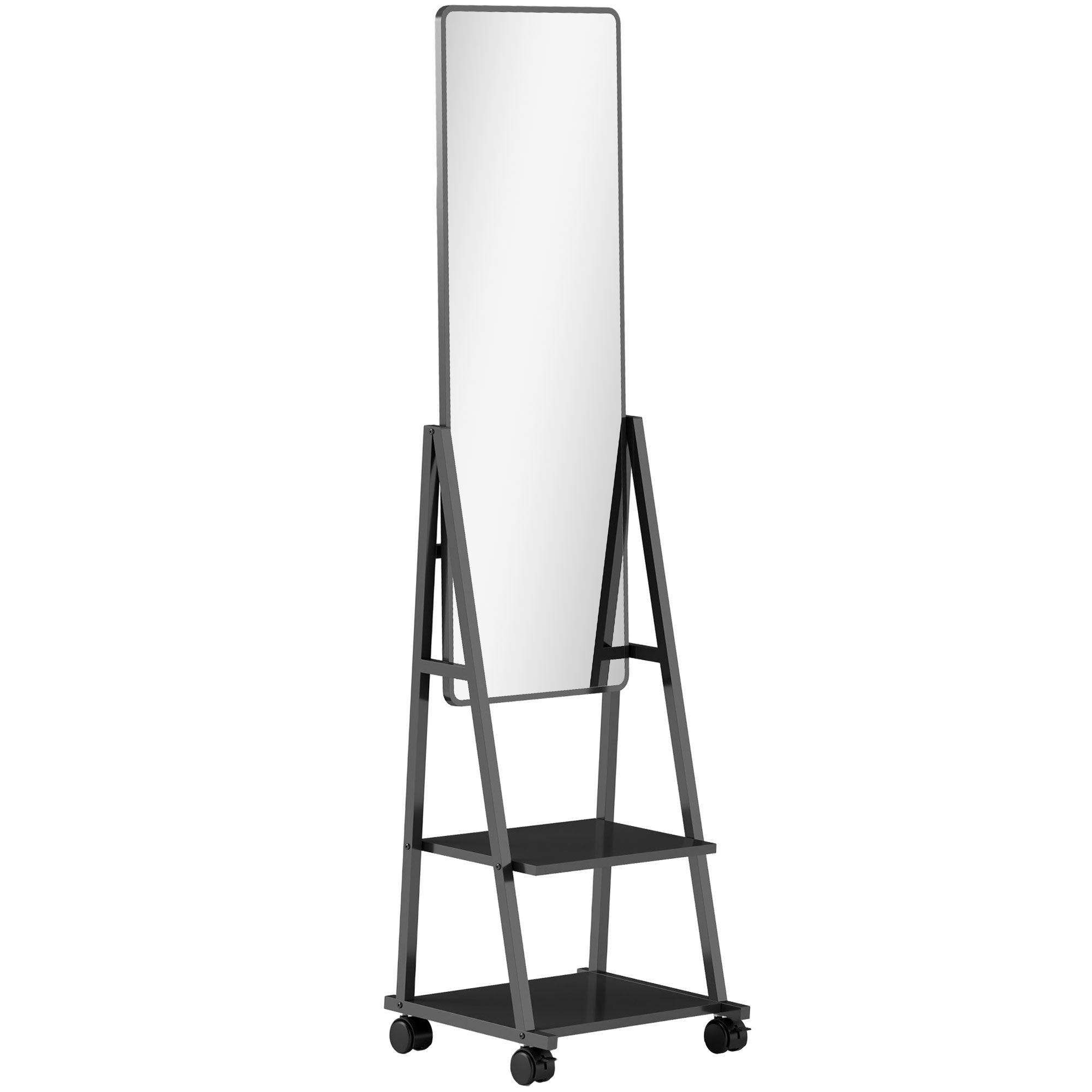 Ganzkörperspiegel, 42 x 155 cm mit Ablage und Rollen, Schwarz