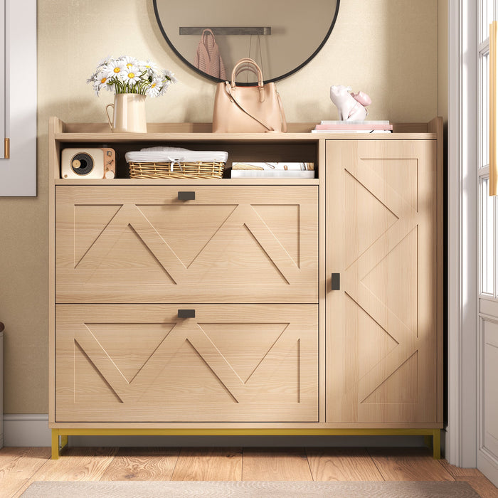 Shoe Cabinet with Double Hinged Lid, Side Cabinet and Geometric Doors, Metal Frame