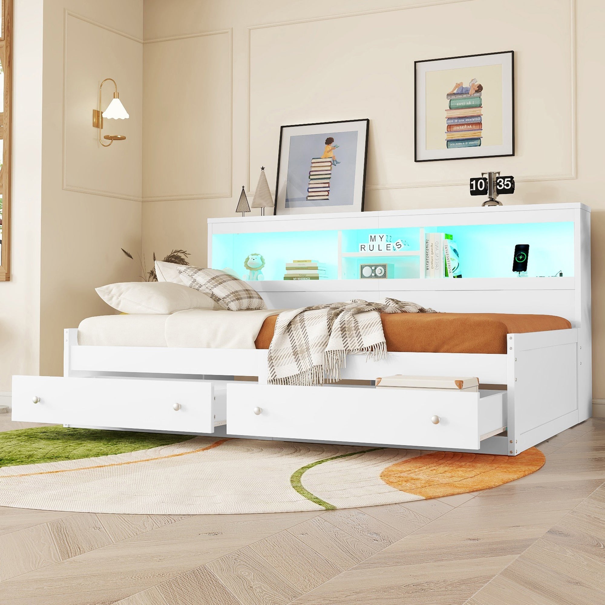 Daybed Sofa Bed 90x200cm Storage Drawers LED USB Charging - White Chipboard