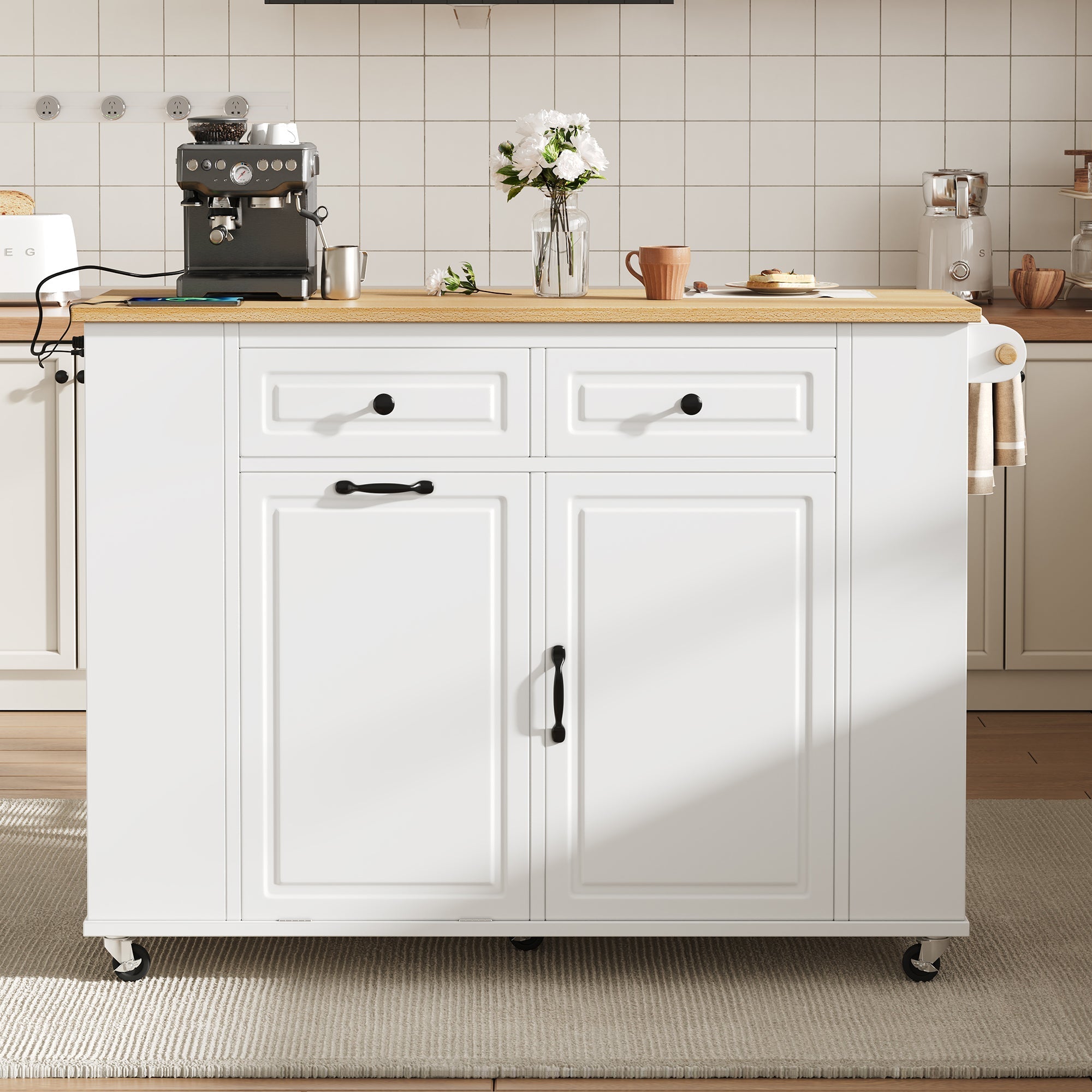 Kitchen Island Mobile Extendable Dining Table Waste Bin Towel Rack Power Strips - White