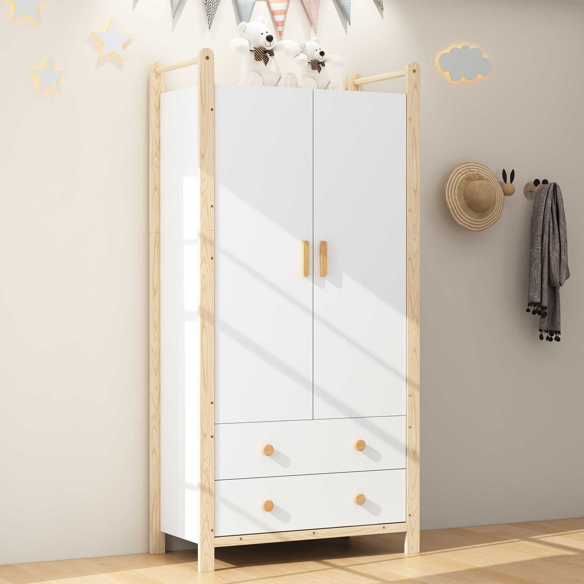 2-Door Wardrobe with Clothes Rail & 2 Drawers, 90x45x180 cm - White/Pine