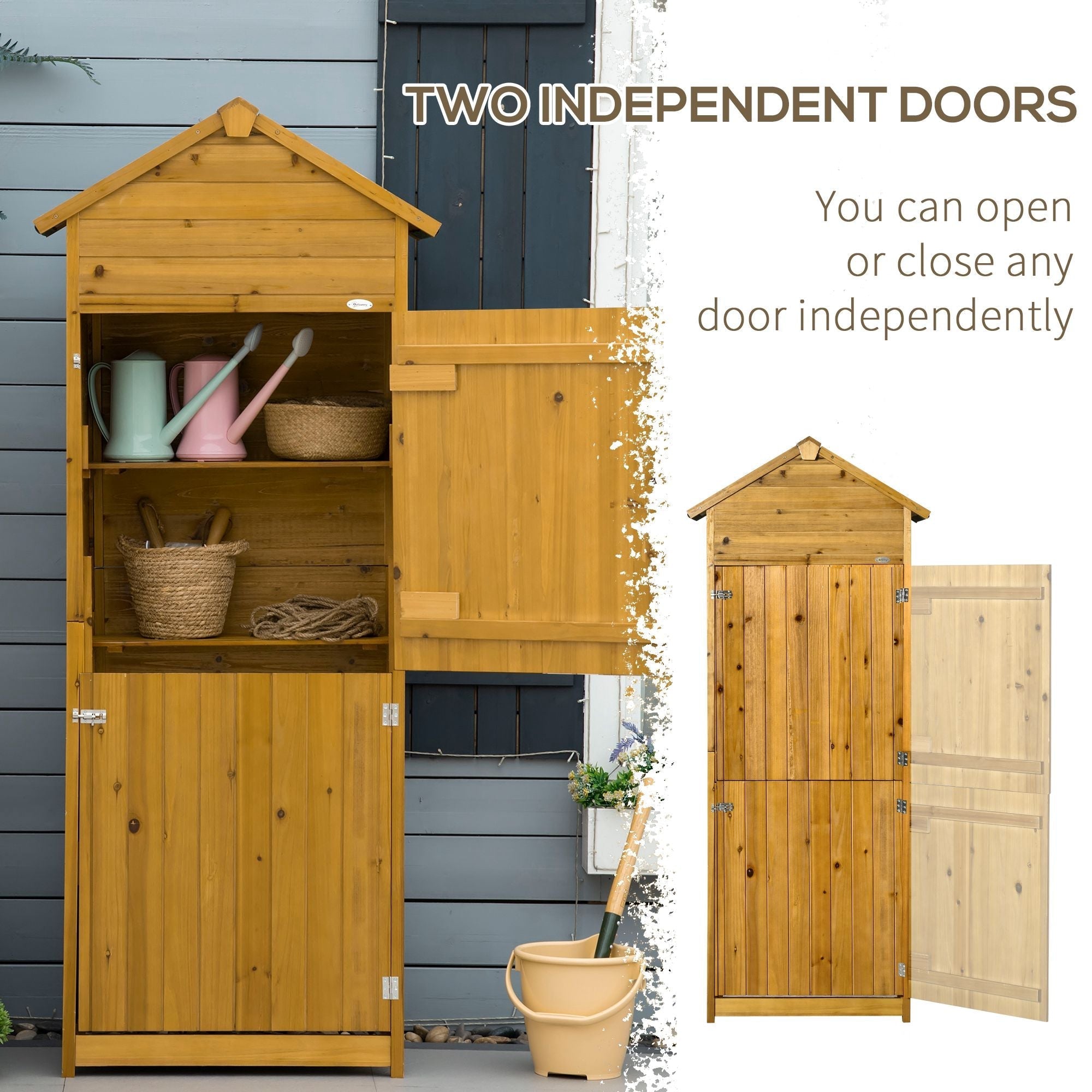 Wooden Garden Storage Shed, Utility Cabinet with 3 Shelves and 2 Doors, Natural Wood