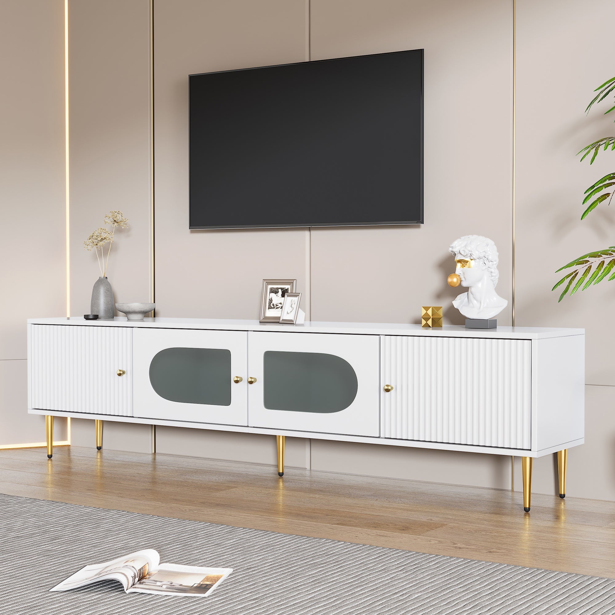 TV Cabinet 170x35x50cm, Golden Legs & Handles, Curved Glass, White