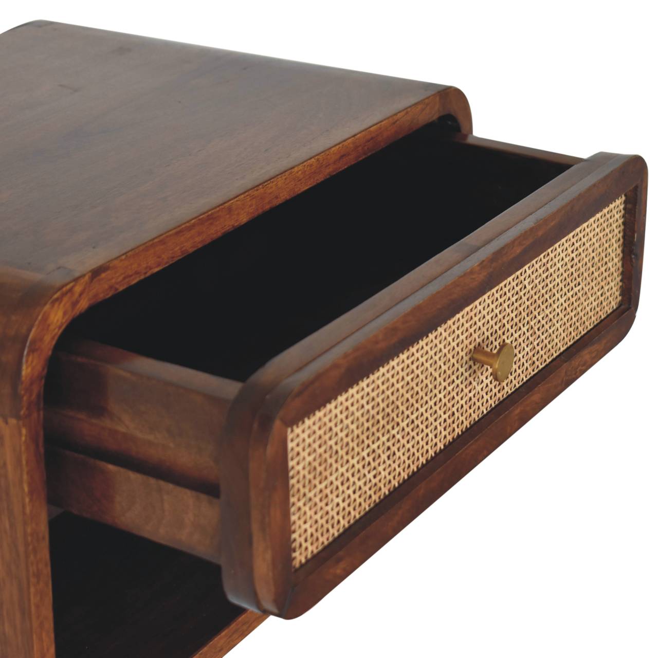 Solid Wood Wall Mounted Bedside, 1 Drawer, Open Woven, Dark Brown Chestnut