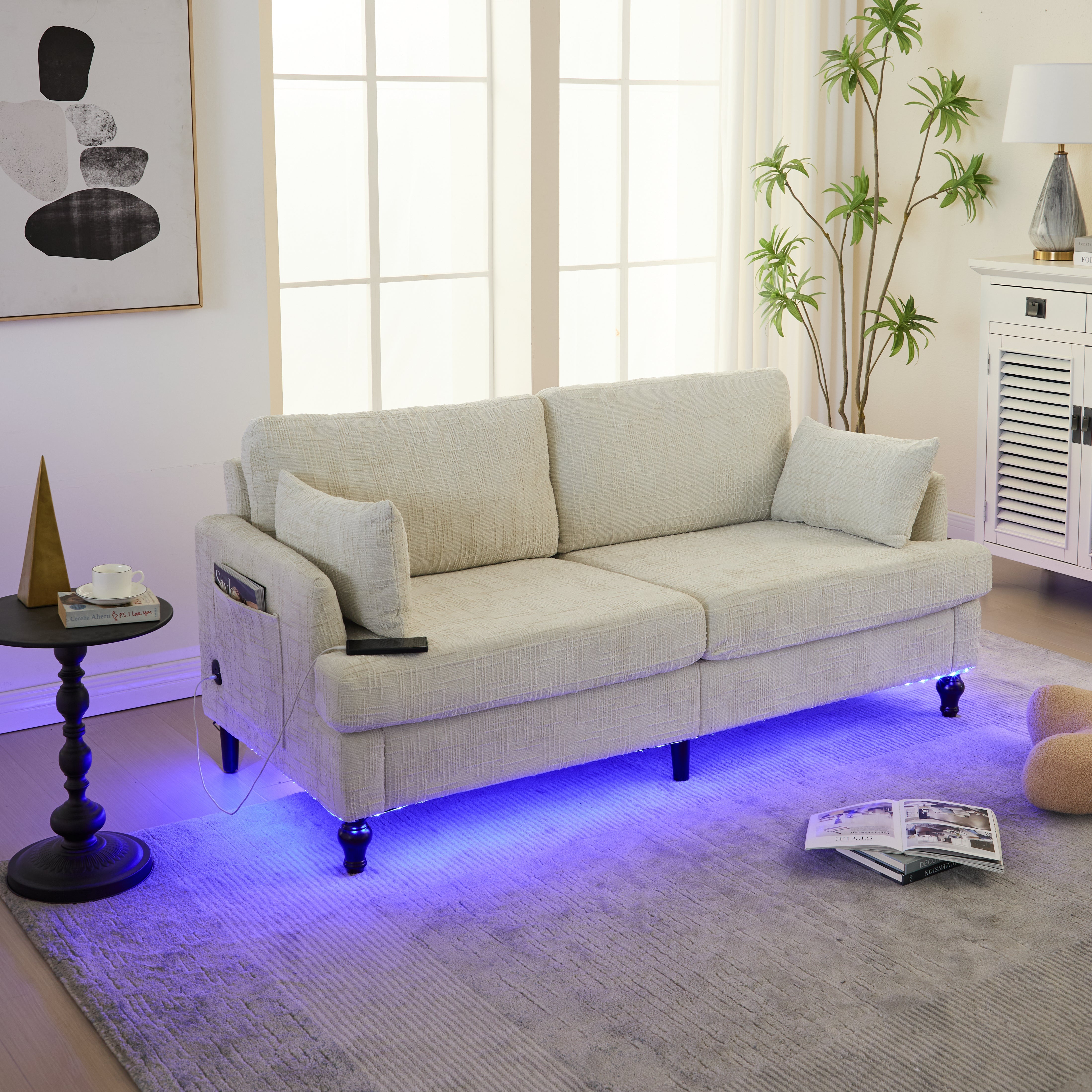 Sofa, 2-Seater with LED Light, USB & Storage, Chenille