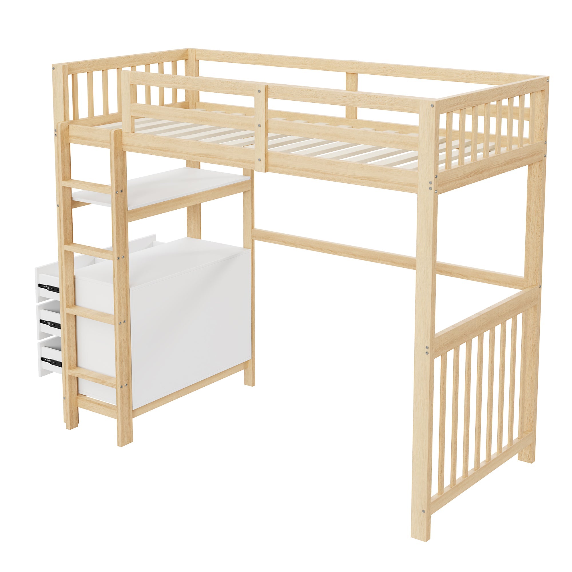 Loft Bed 90*200cm with Ladder, Drawers, Shelves, Pinewood, White & Wood