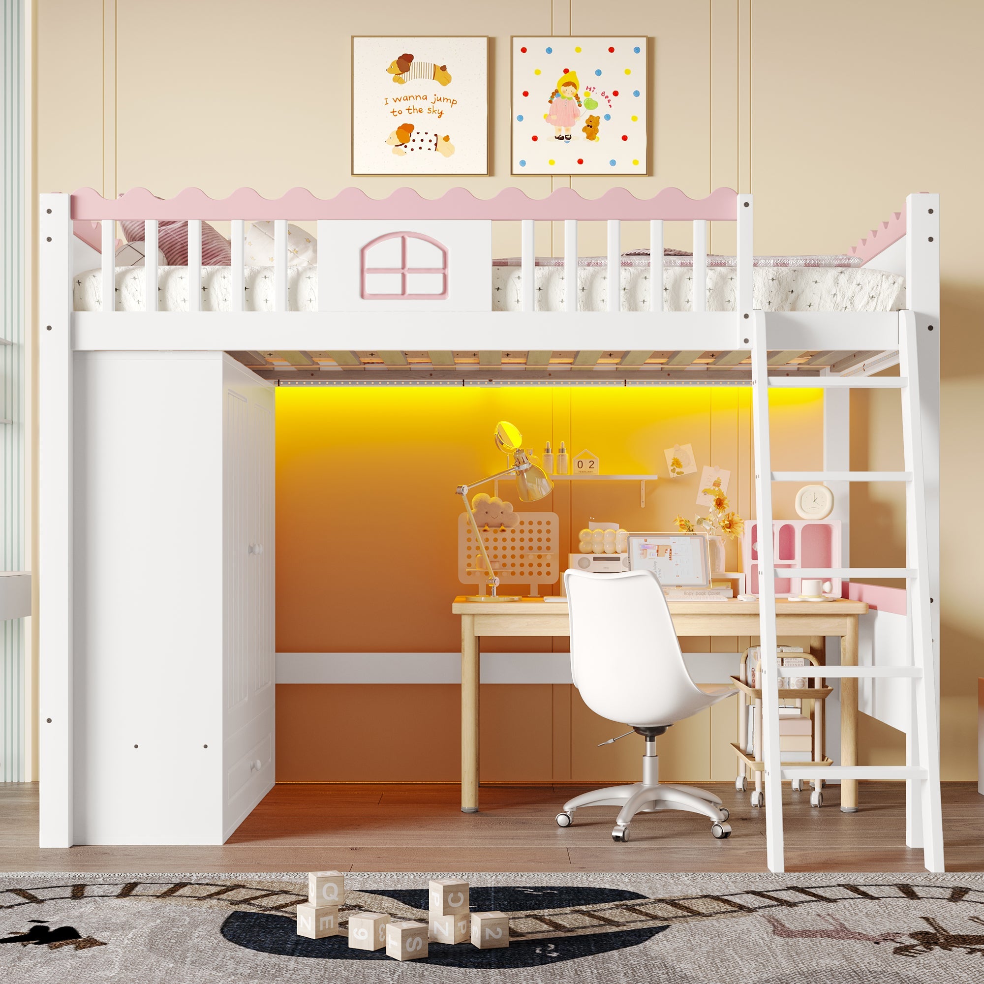 Loft Bed 90x200cm Single Storage Wardrobe LED - White Pine Wood