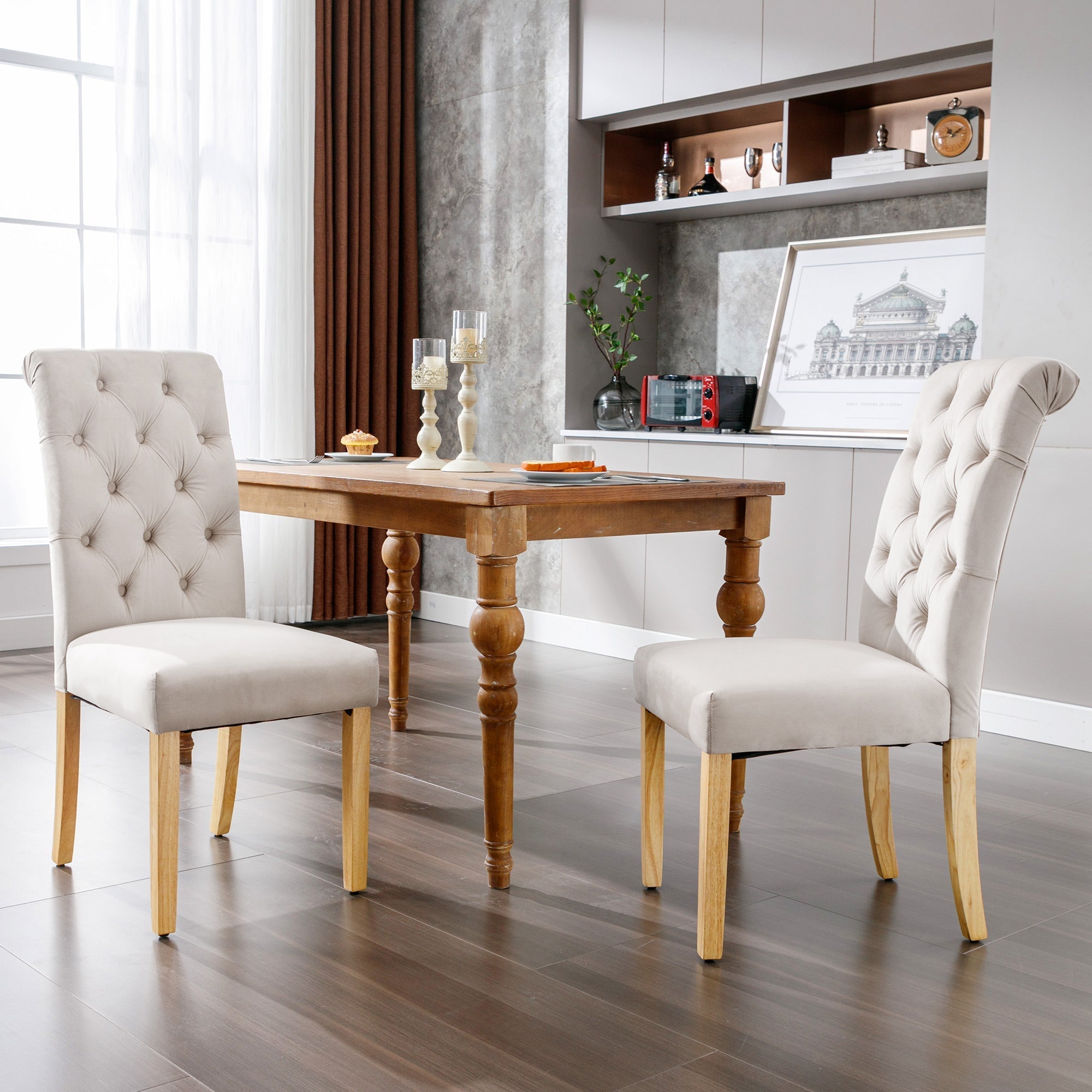 Velvet Dining Chairs Set of 2 with Oak Legs and Chrome Knockers, Beige Velvet