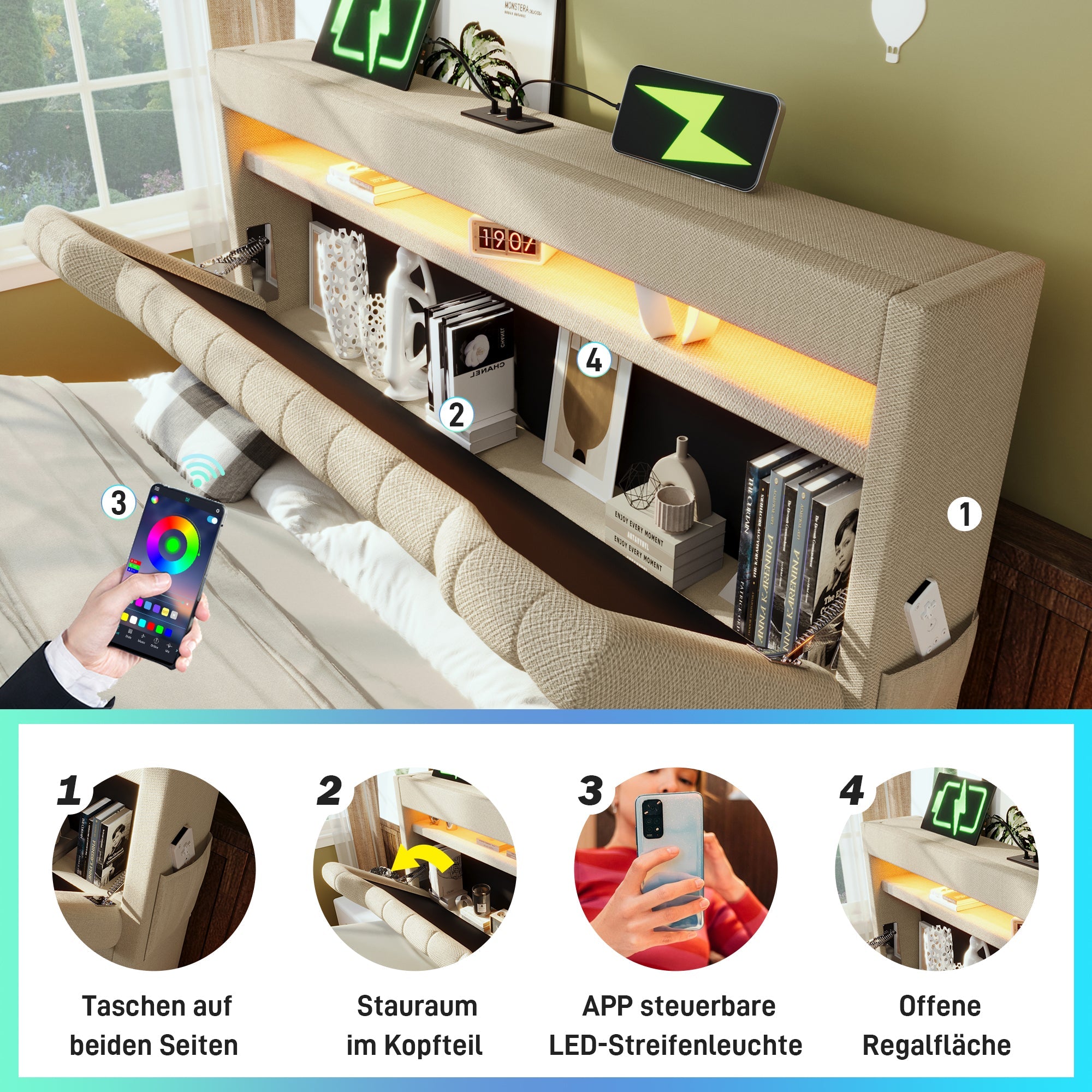 Upholstered Double Bed with Hydraulic Storage, USB, Type-C and LED Lighting, 140x190cm, Beige Linen