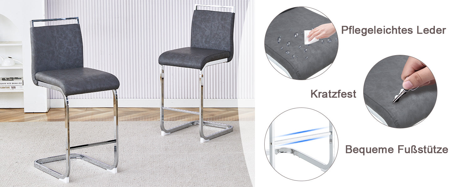 Bar Stools (Set of 2) Nordic Style High-Quality - Grey PU