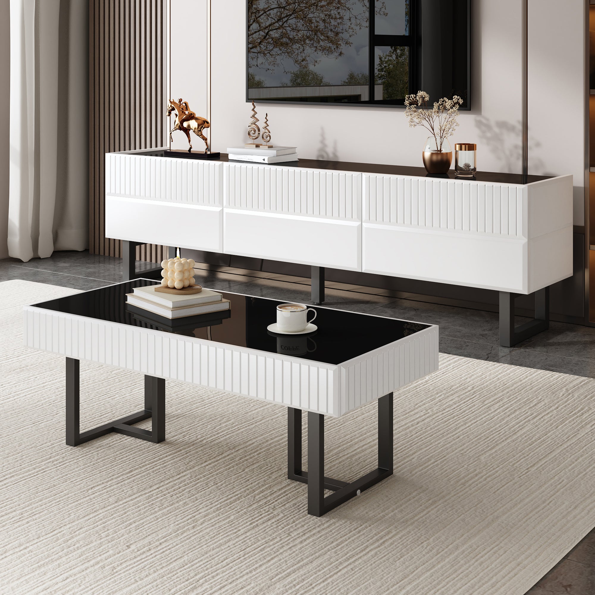 Coffee Table, Modern Classic High-Gloss 110x50.5x41cm, Black and White