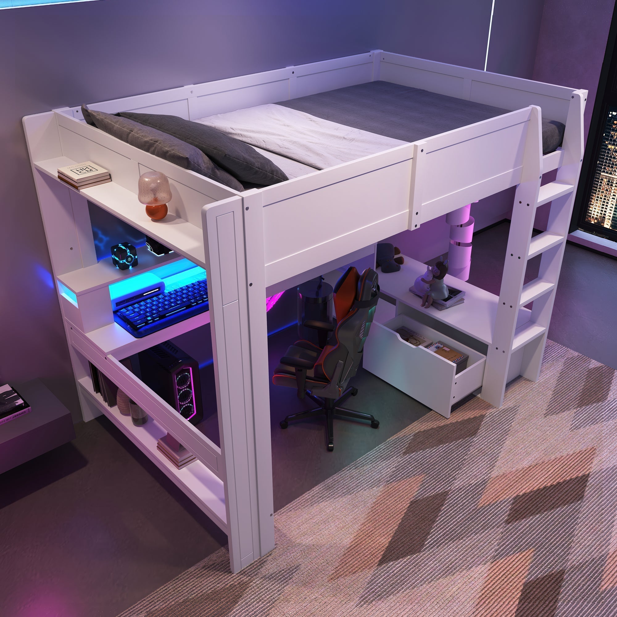 Loft Bed 140x200cm Gaming Desk LED Drawer Shelves - White
