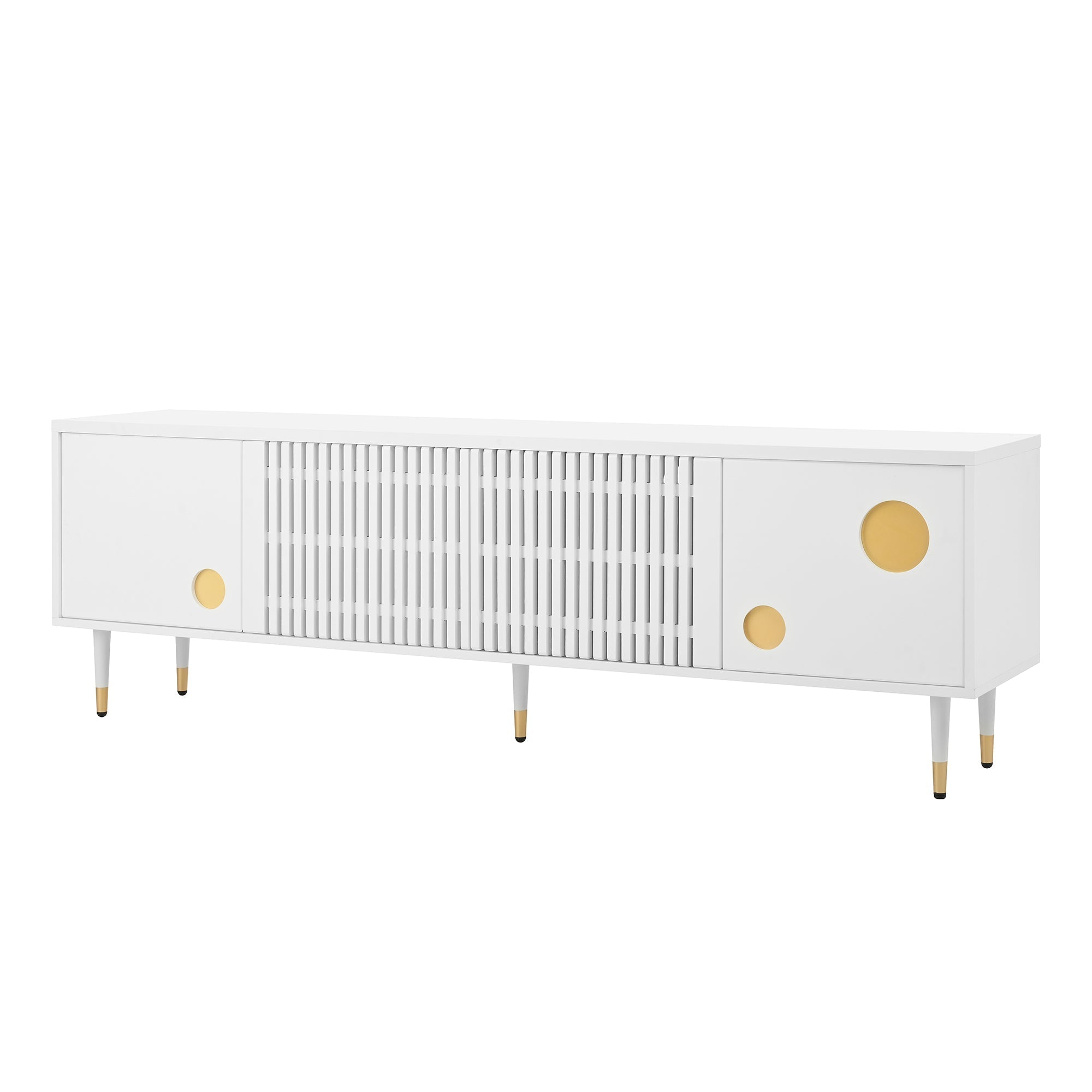 TV Cabinet, Lattice & Hidden Handles, Solid Wood Doors, Gold Decor