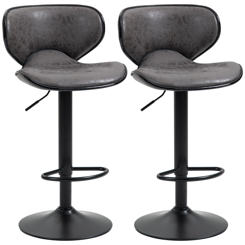 Adjustable Bar Stools Set of 2, Swivel Upholstered with Back and Footrest, Dark Grey Leathaire