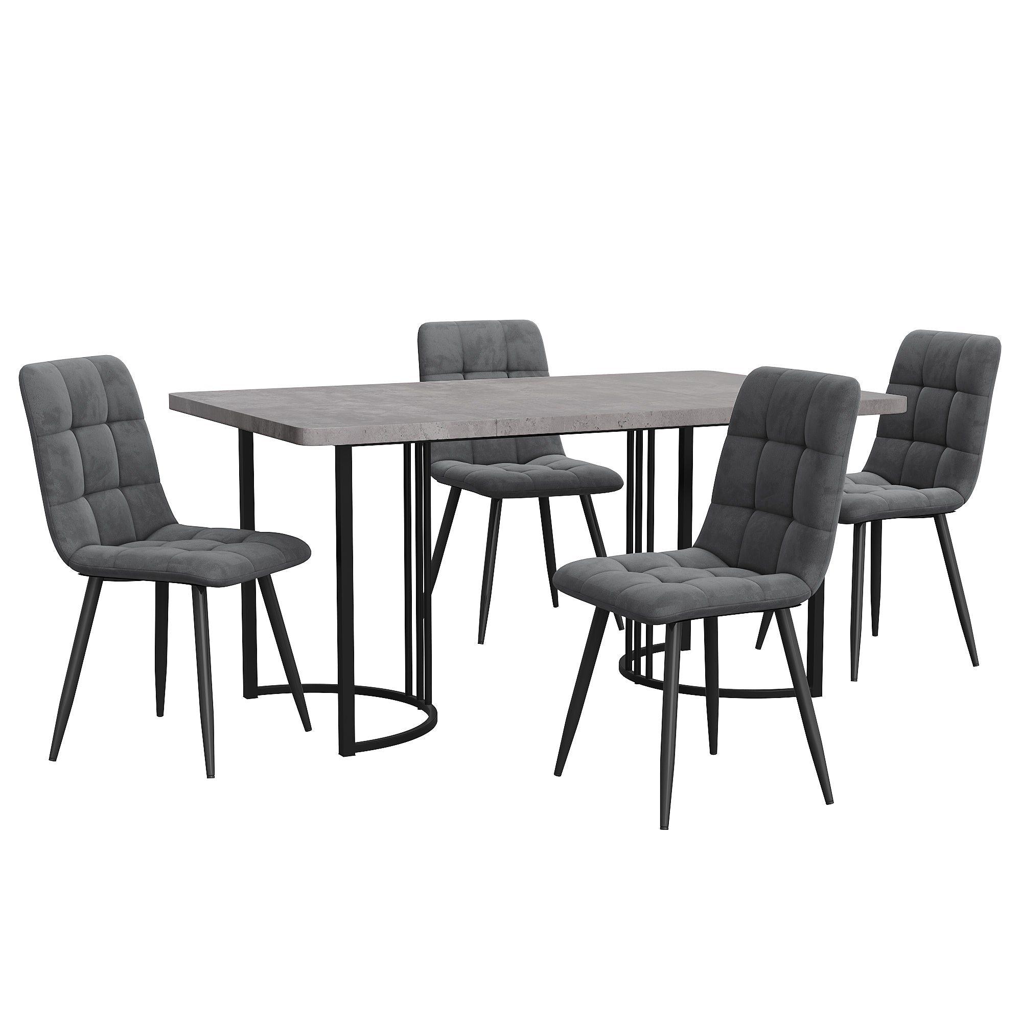 5-Piece Dining Set Modern 140x80cm Kitchen Table with Black Metal Legs Grey MDF Dark Grey Velvet
